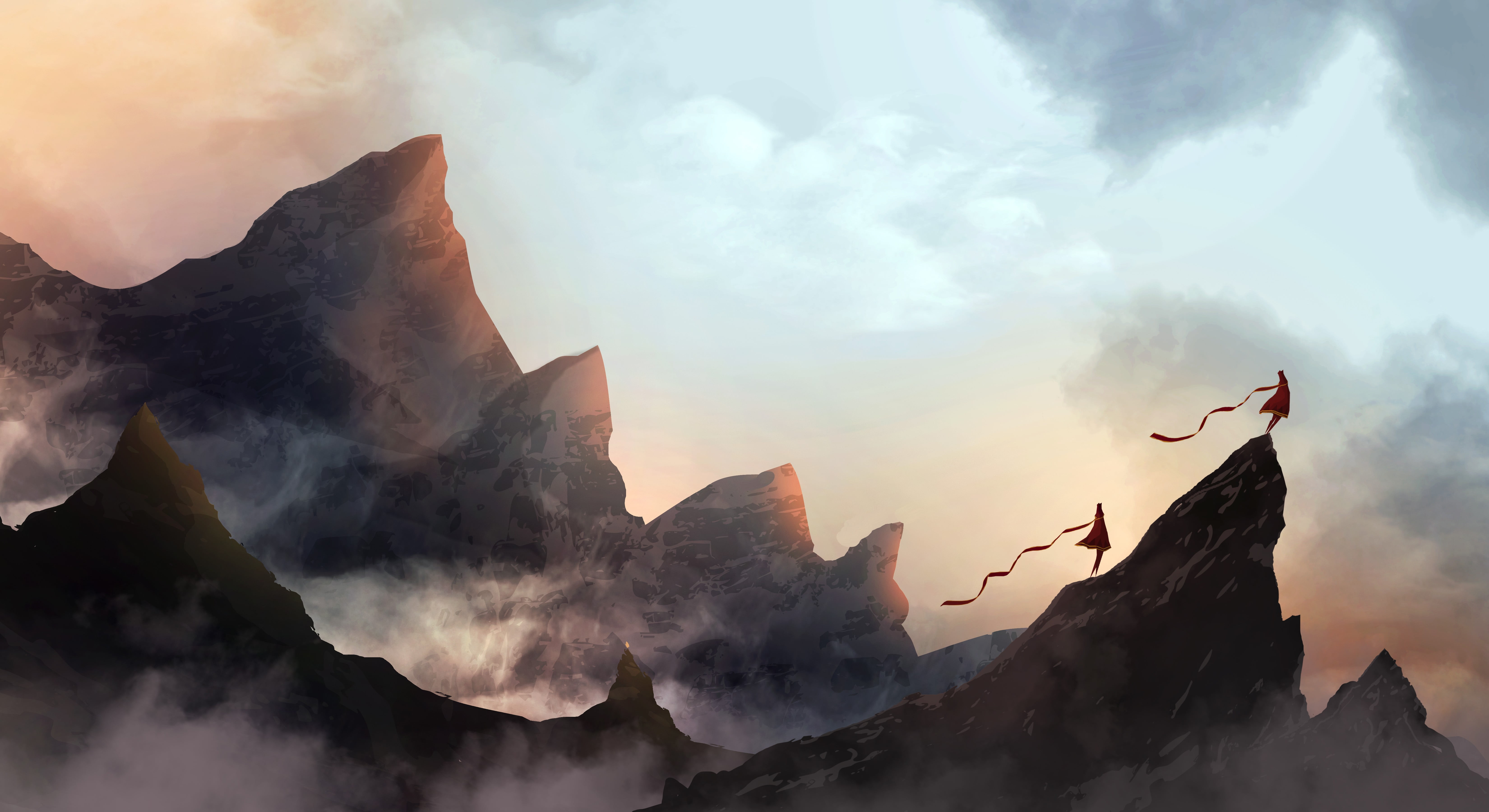painting, scenics - nature, Journey (game), formation, 5K, couple, non-urban scene, sky, idyllic, solid, mist, mountains, rock formation, sunset, mountain peak, HD Wallpaper
