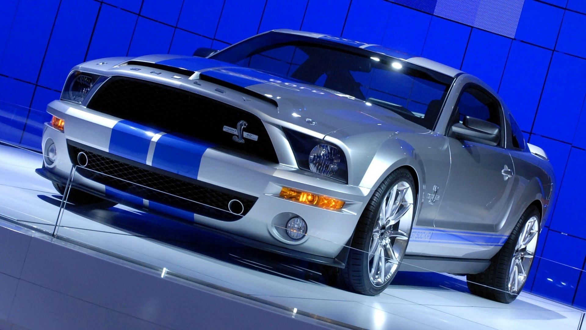 transportation, indoors, shelby, front view, luxury, shiny, silver, Ford Mustang, muscle cars, car, land vehicle, cobra, coupe, metal, silver - metal, blue, HD Wallpaper