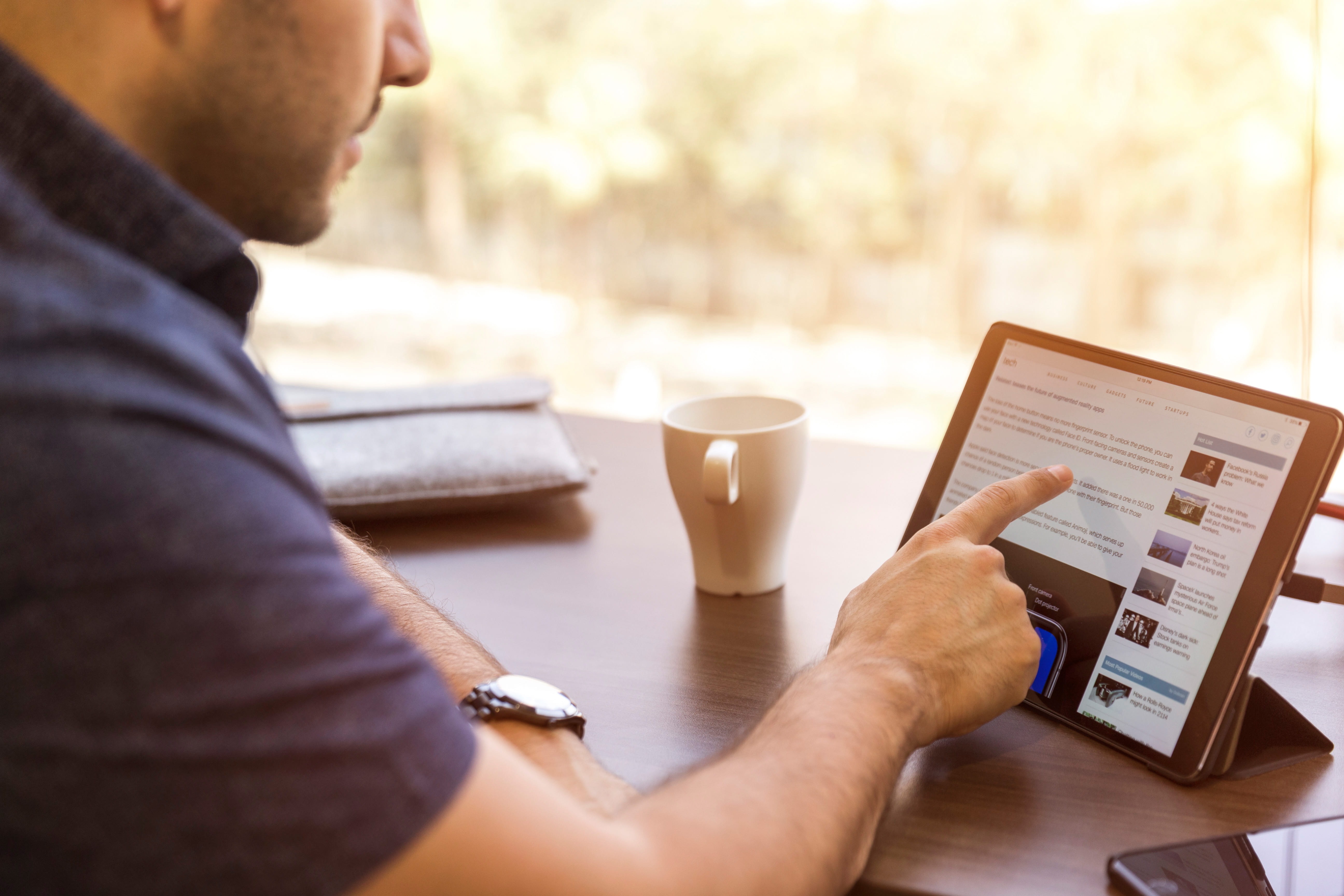 coffee cup, work, mug, business, sales person, male, tablet, using laptop, modern, internet, drink, food and drink, browsing, men, cup, hand, communication, HD Wallpaper