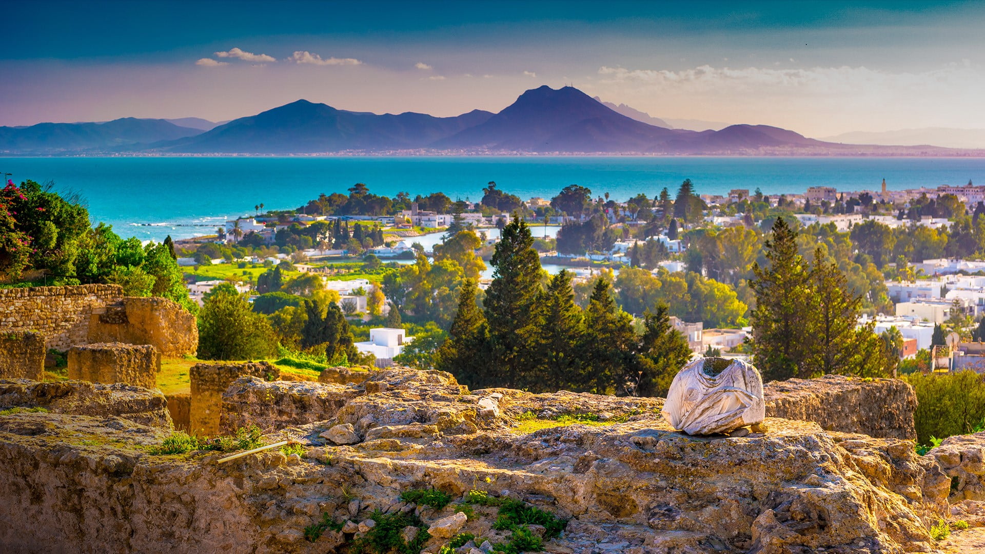 trees, landscape, water, 1080P, nature, ruins, mountains, town, rocks, clouds, sunset, far view, Tunisia, HD Wallpaper