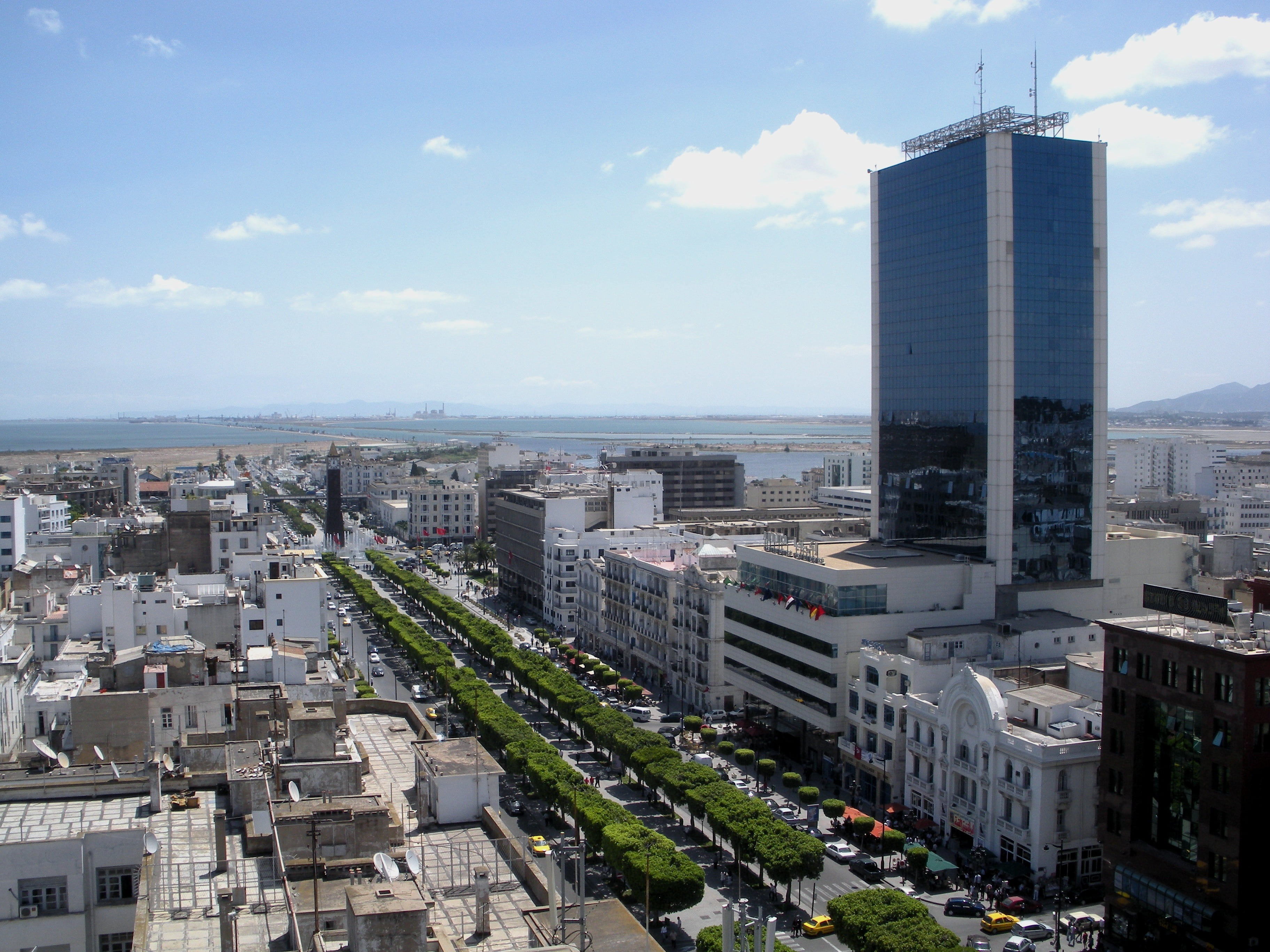 financial district, building, building exterior, traffic, tunis, vehicles, structures, port, built structure, nature, cloud - sky, modern, aerial, cityscape, HD Wallpaper