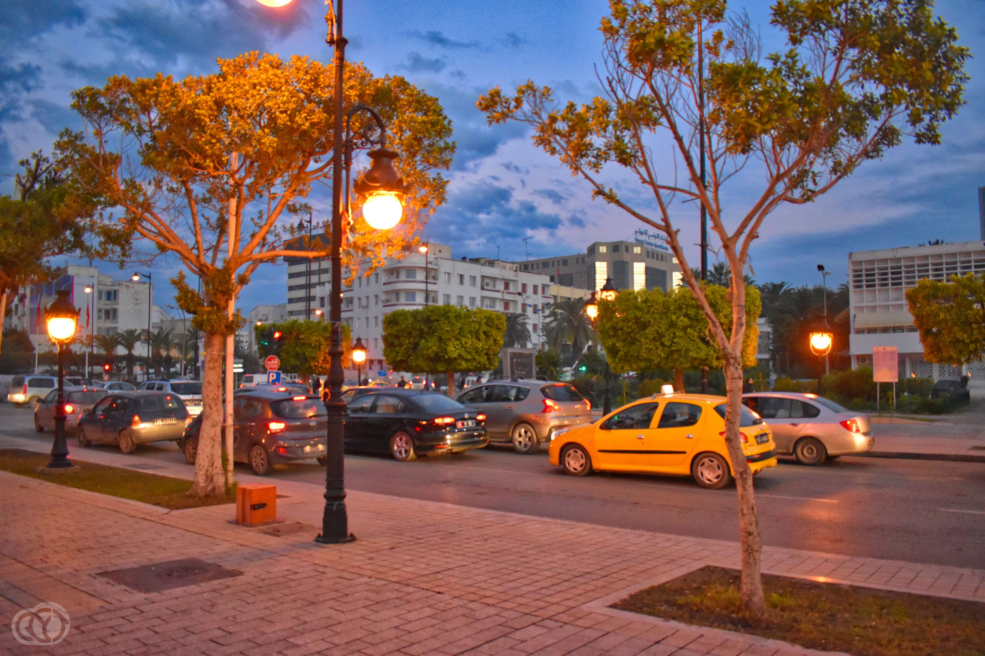city street, tunisia, street, building exterior, car, road, taxi, lighting equipment, motor vehicle, built structure, illuminated, tree, transportation, HD Wallpaper