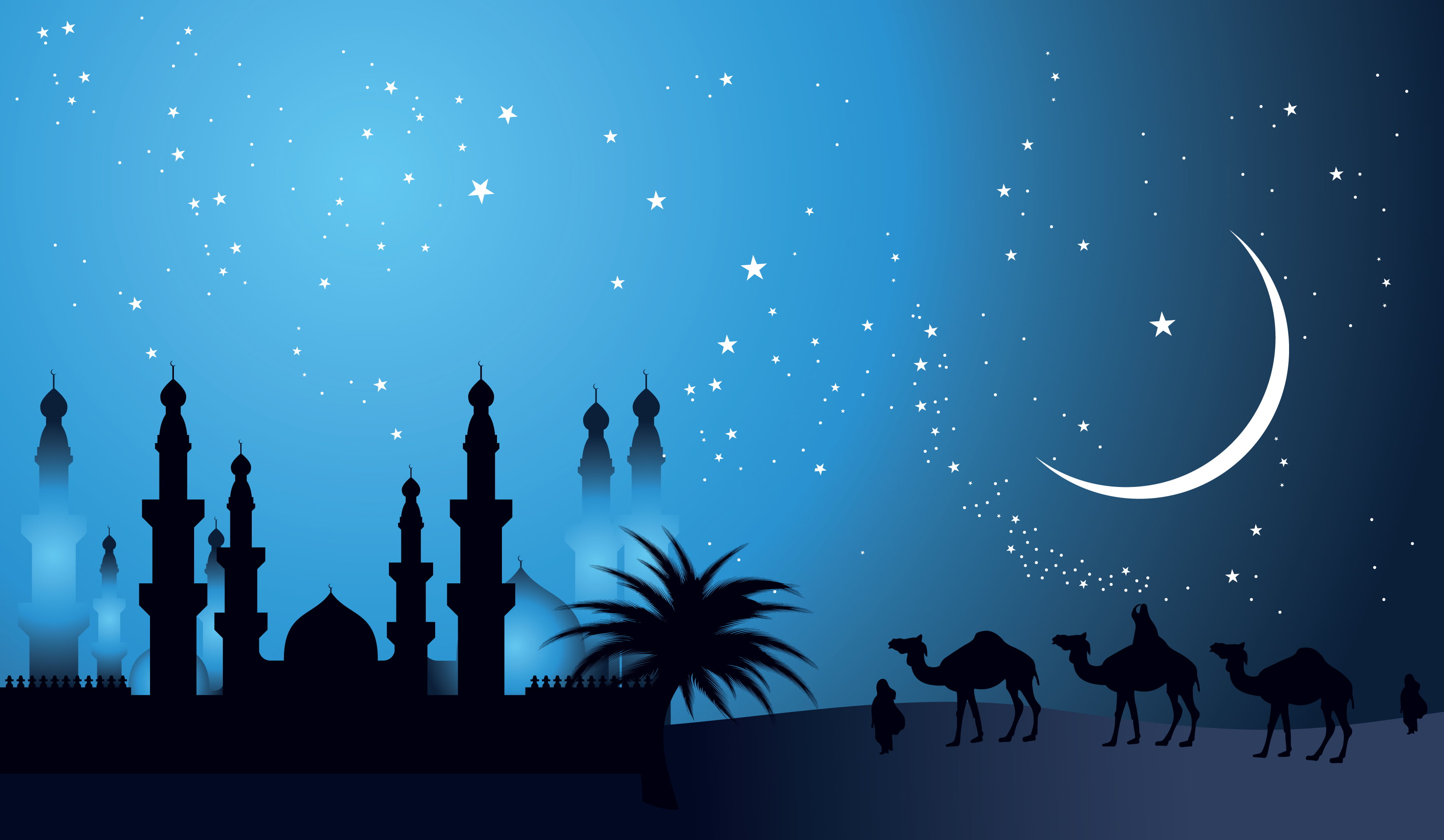 animal, walking, East, camel, plant, building exterior, minarets, architecture, star - space, decoration, camels, a month, dome, silhouette, blue, group of animals, HD Wallpaper
