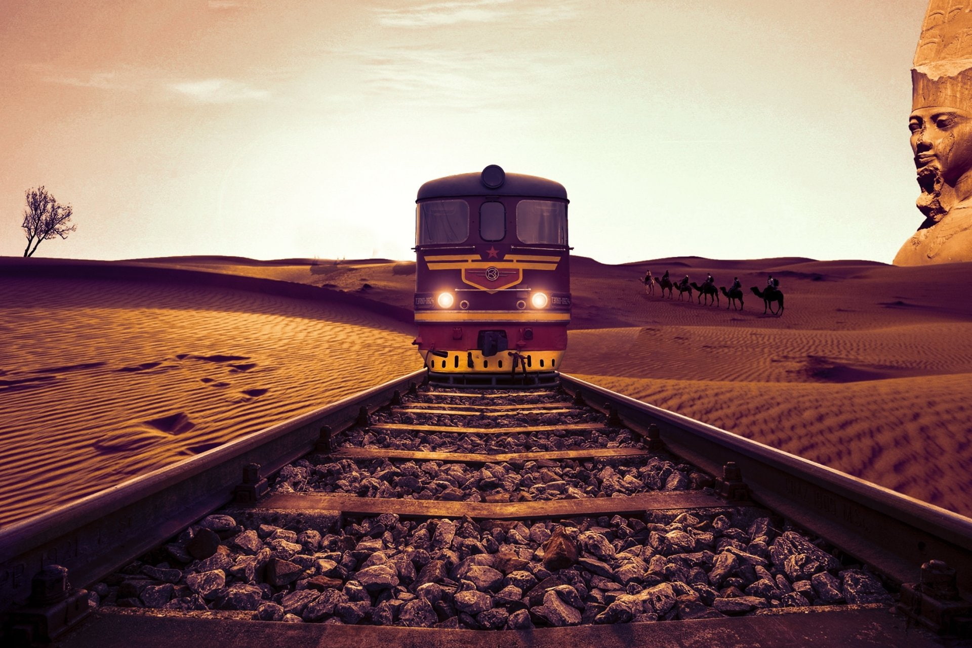 1080P, Photography, Locomotive, Desert, Train, Manipulation, Camel, Railroad, HD Wallpaper