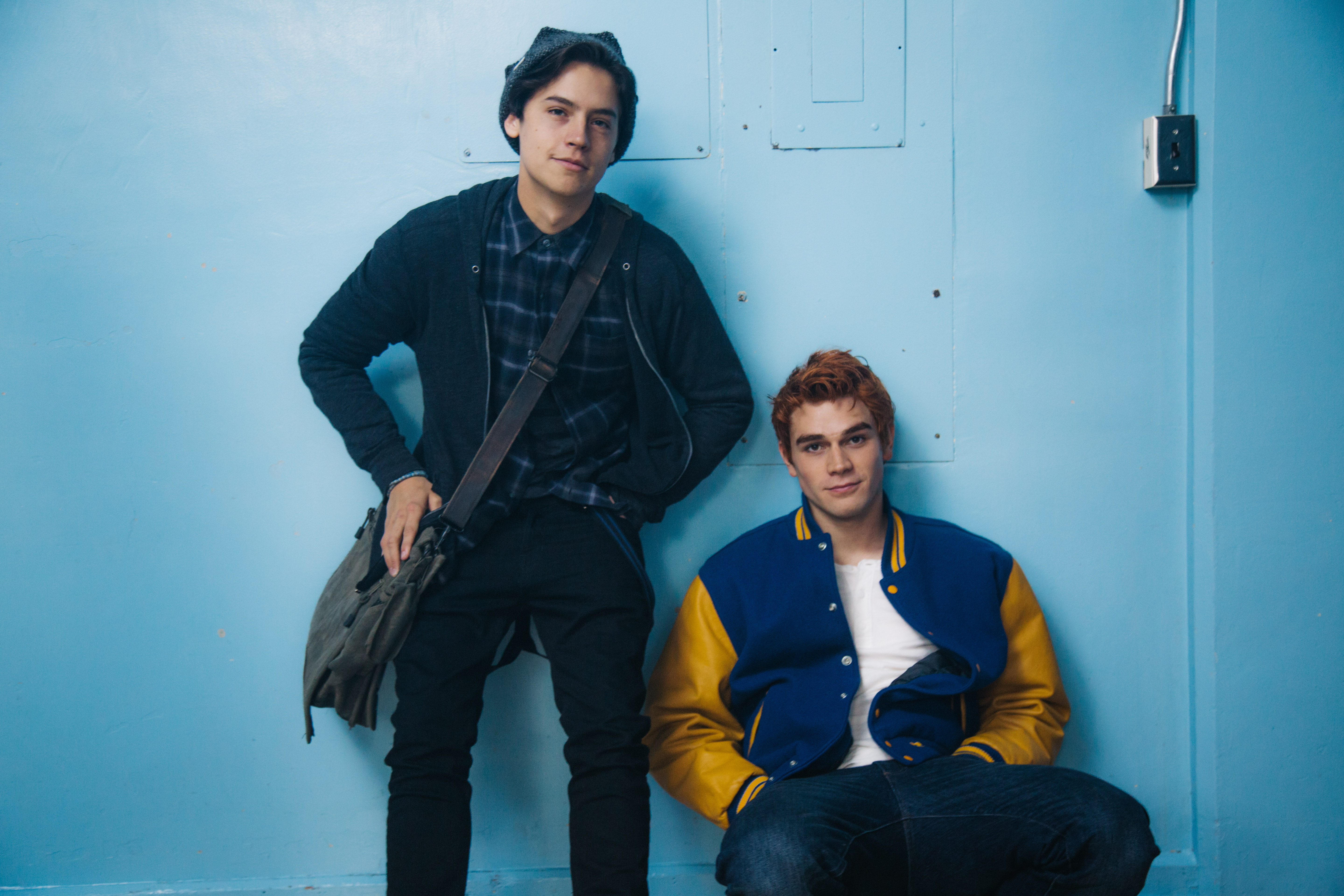 indoors, riverdale, people, front view, looking at camera, architecture, mid adult men, blue, 4k, three quarter length, young men, portrait, tv shows, hd, HD Wallpaper