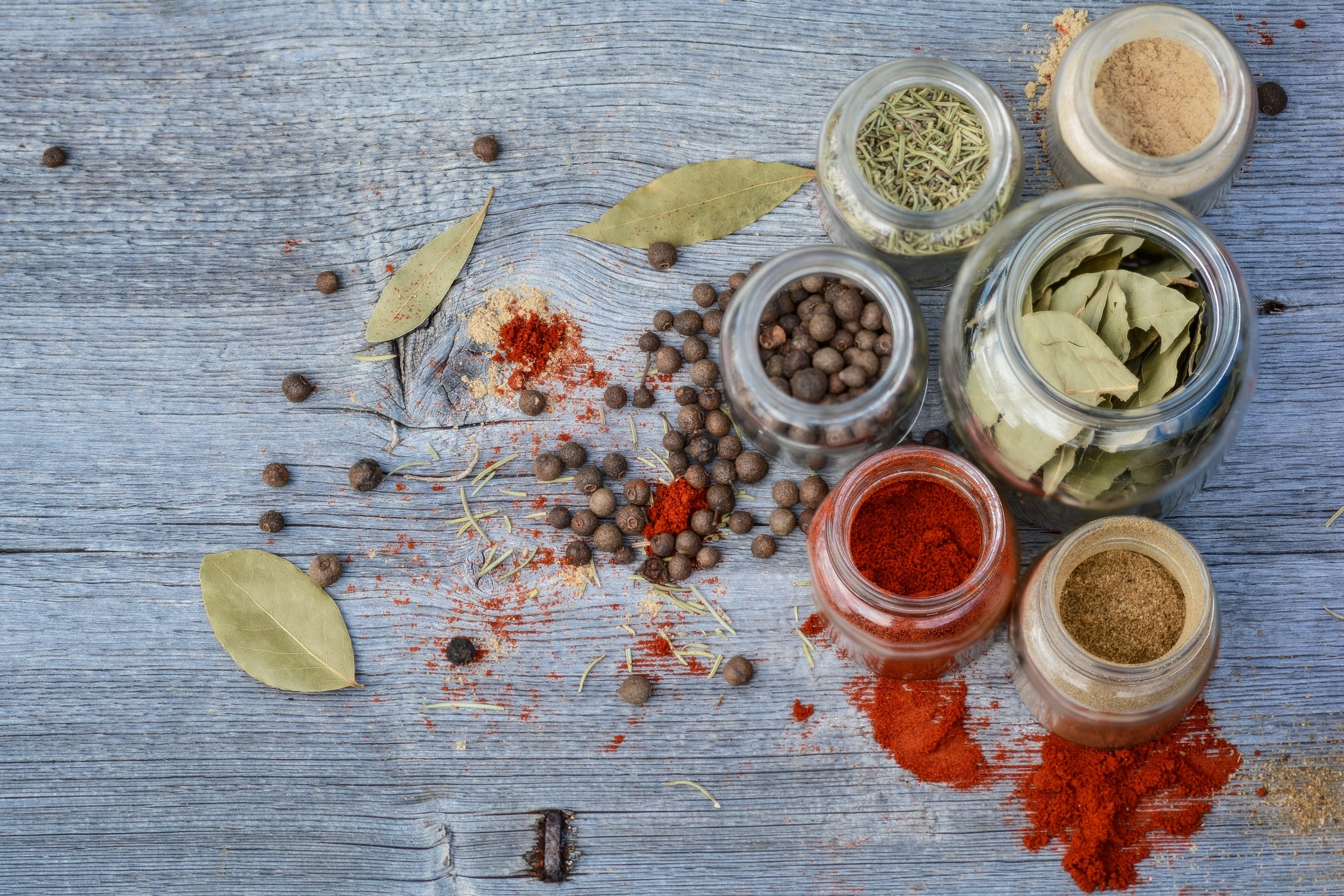 kitchen, chili, dry, top, indoors, assortment, aroma, no people, set, table, allspice, wood, rustic, jars, wood - material, turmeric, kitchen utensil, gray, HD Wallpaper
