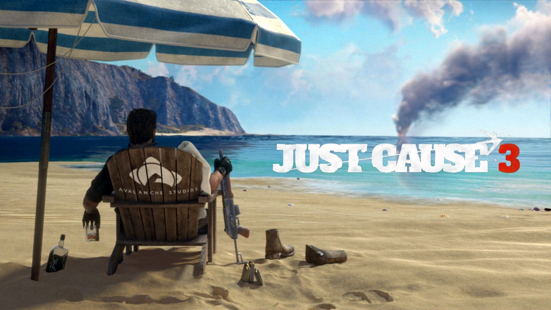 western script, cause, smoke - physical structure, text, water, men, people, seat, sign, sky, land, Just Cause 3, full length, chair, adult, rear view, HD Wallpaper