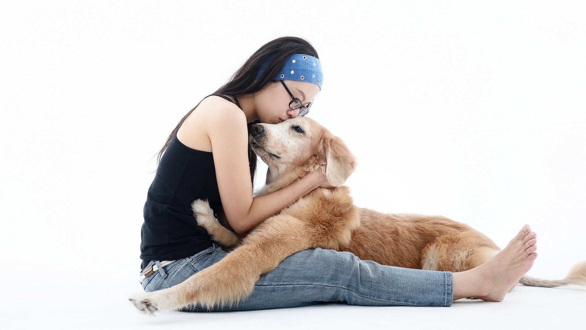adult, mammal, canine, shirt, domestic animals, positive emotion, one animal, women, sleeveless, jeans, glasses, black, white background, love, casual clothing, HD Wallpaper