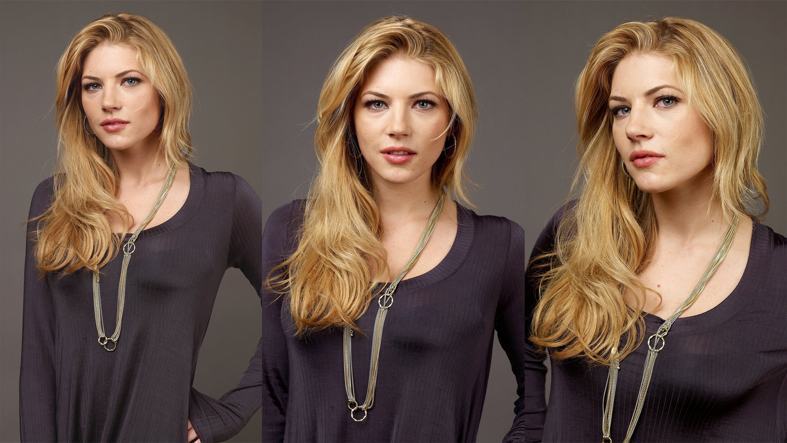 hairstyle, Katheryn Winnick, front view, beautiful woman, young women, group of people, collage, young adult, purple top, actress, looking at camera, standing, HD Wallpaper