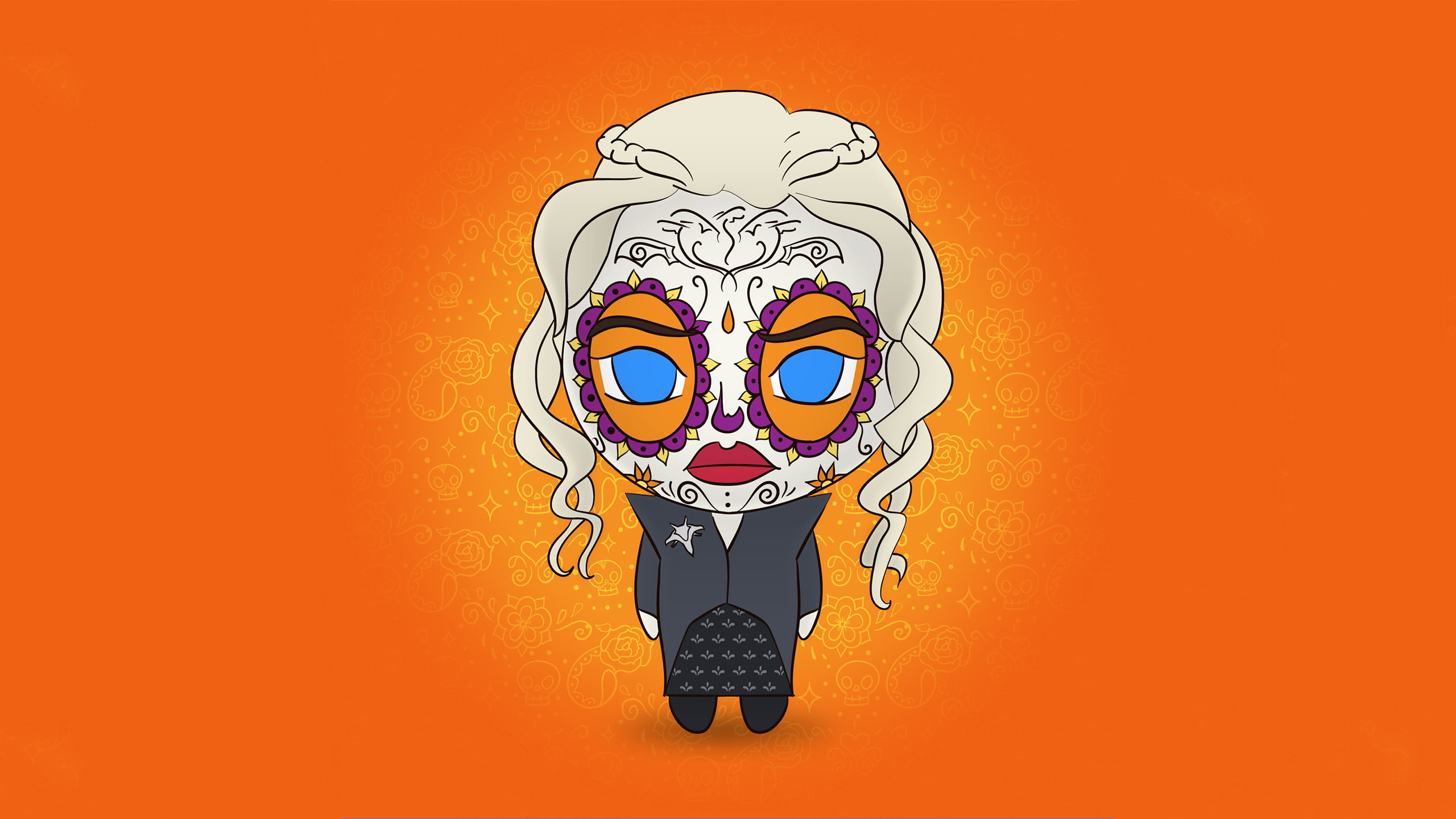 game of thrones, human body part, disguise, smiling, 2K, body part, game of thrones season 8, orange background, hd, digital art, child, human face, daenerys targaryen, HD Wallpaper