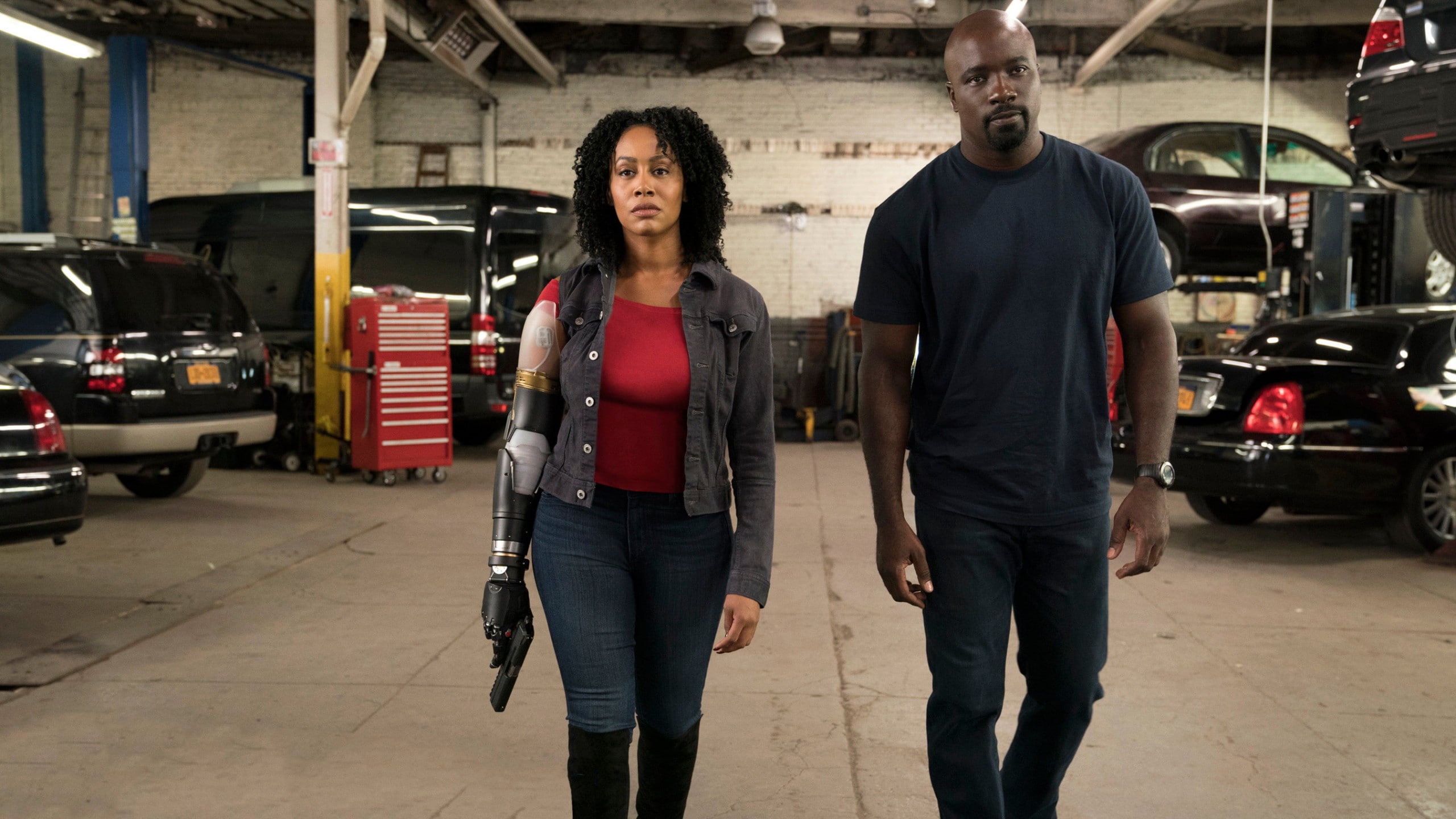 woman, Luke Cage, 2K, wearing, neck, walking, gray, crew, HD, shirt, man, beside, Simone Missick, jacket, button, black, Mike Colter, TV Series, HD Wallpaper