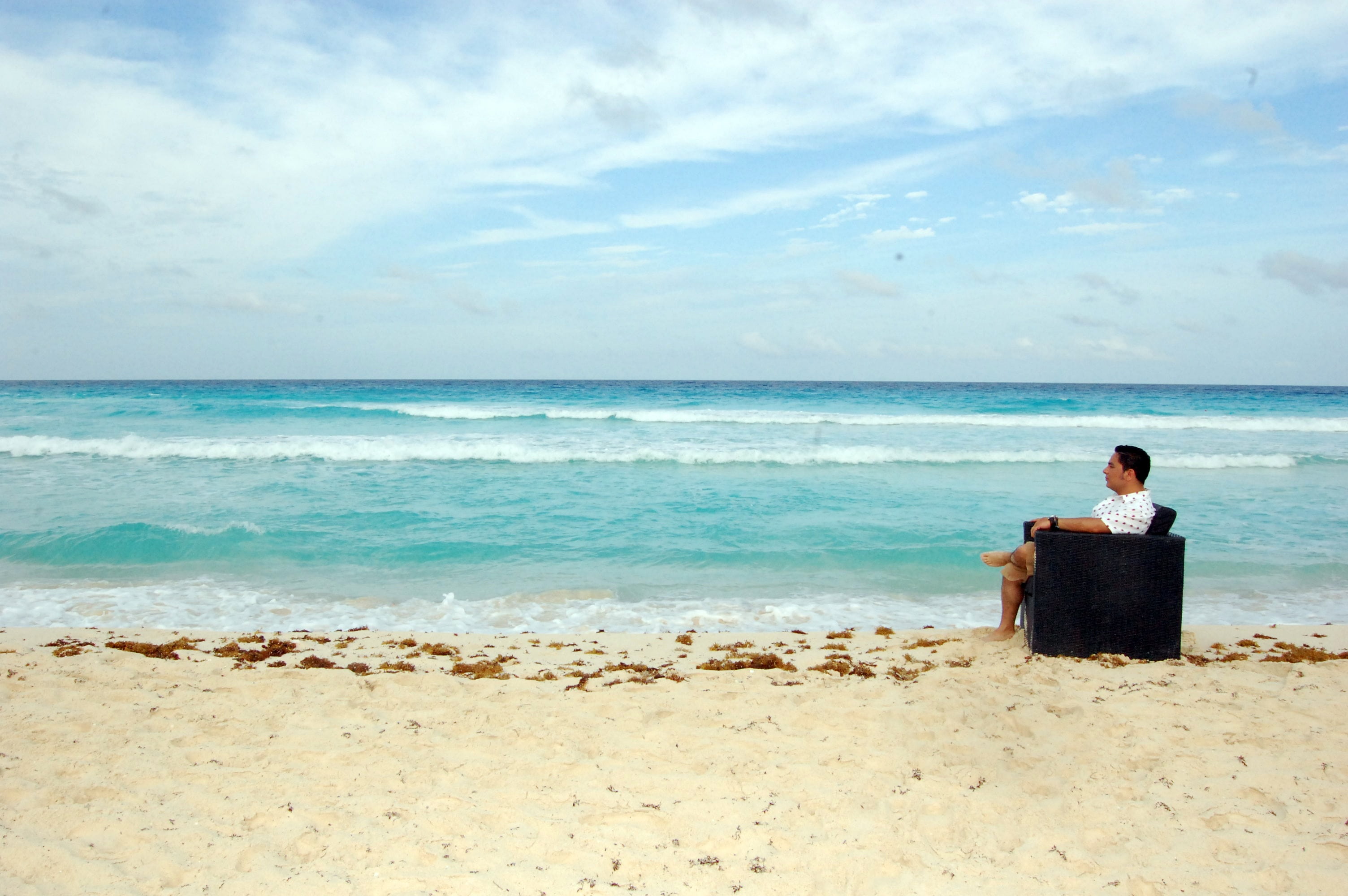 black hair, white, sky, one person, nature, rear view, wave, relaxation, water, eyes, posing, thinking, to watch, scenics - nature, person, shirt, armchair, HD Wallpaper