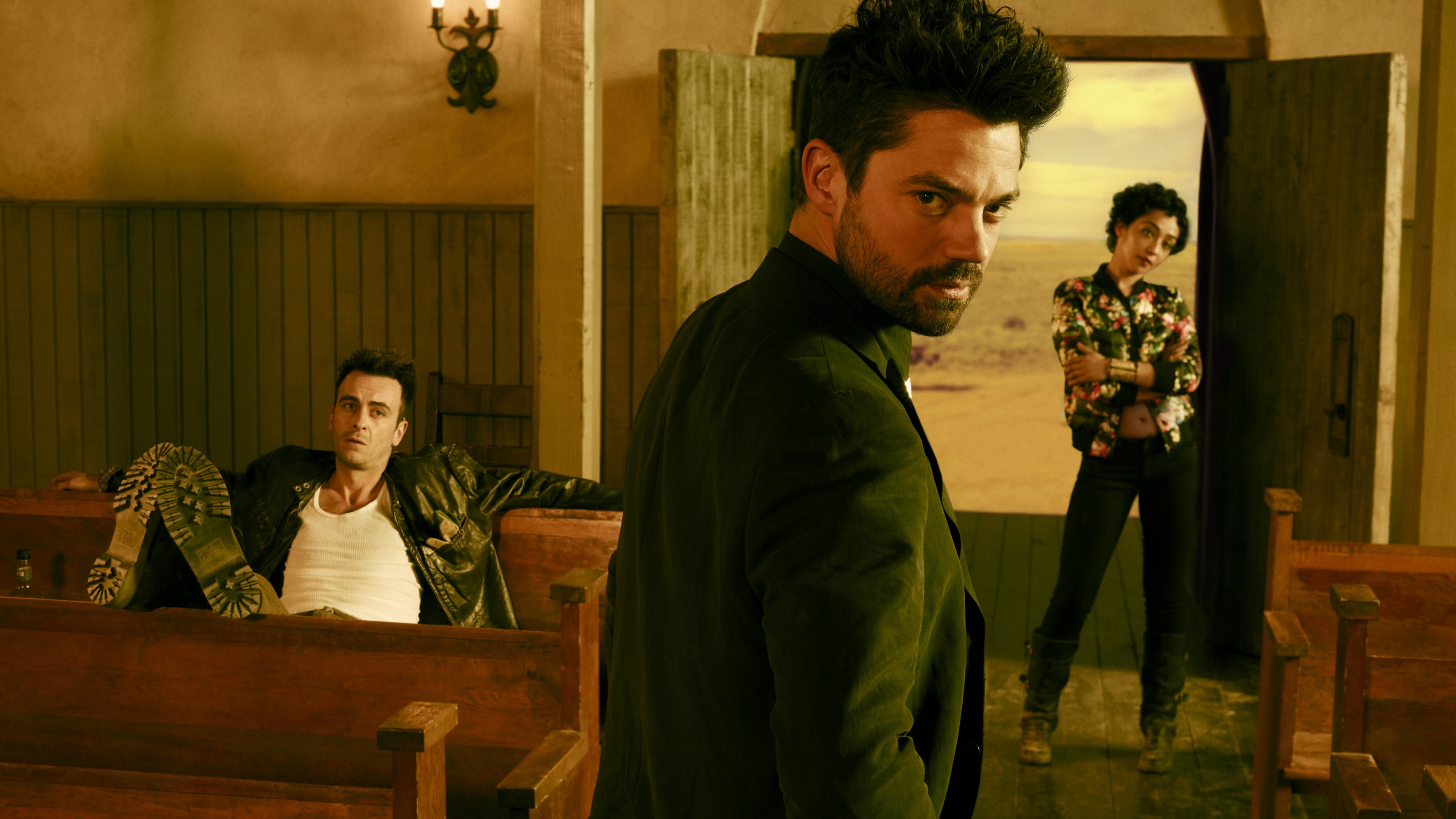 black, Preacher, wooden, Best TV Series, jacket, beside, 4K, suit, wearing, man, brown, chair, Dominic Cooper, HD Wallpaper