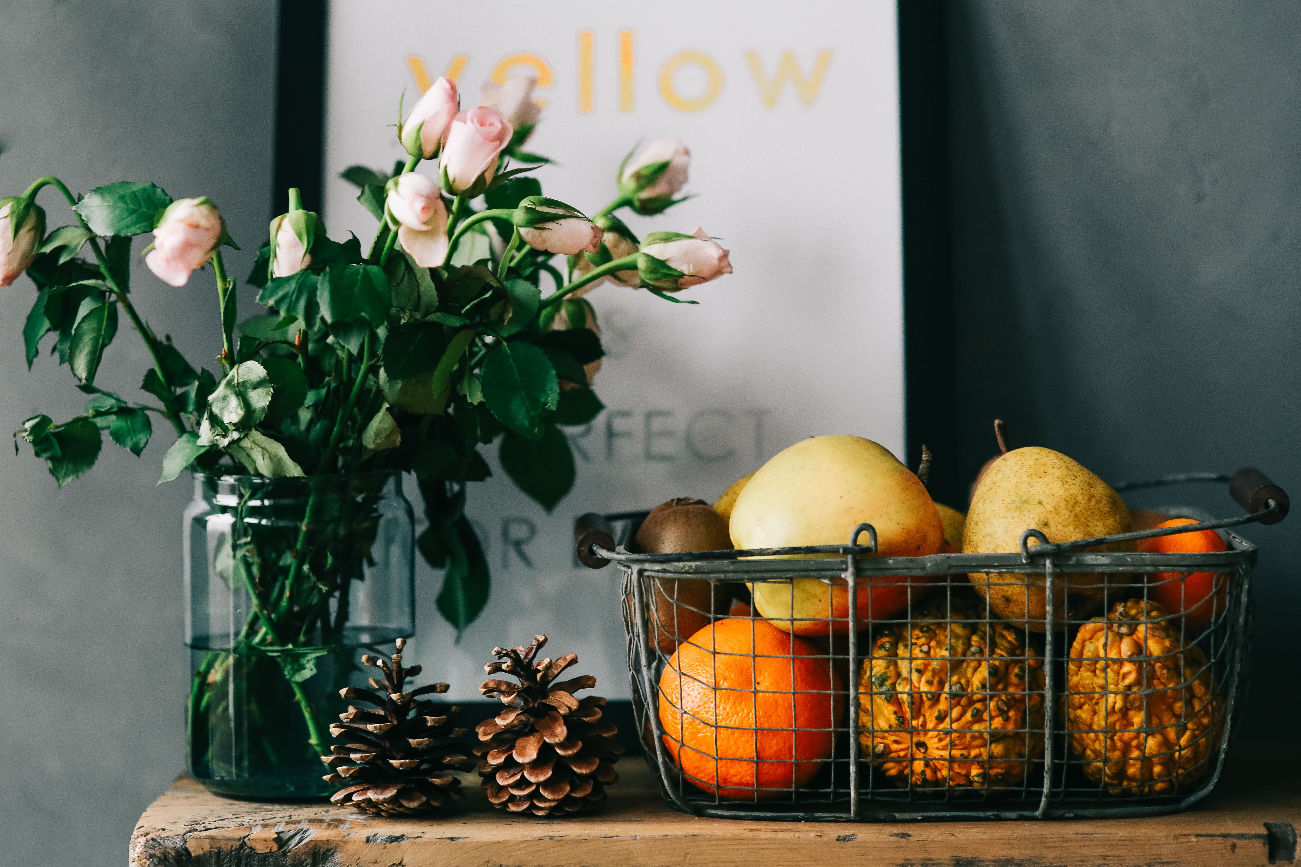 container, wall - building feature, text, food, wood, pinecone, table, orange, flower, nature, decoration, miscellaneous, 5K, pink, leaf, fruit, accessories, HD Wallpaper