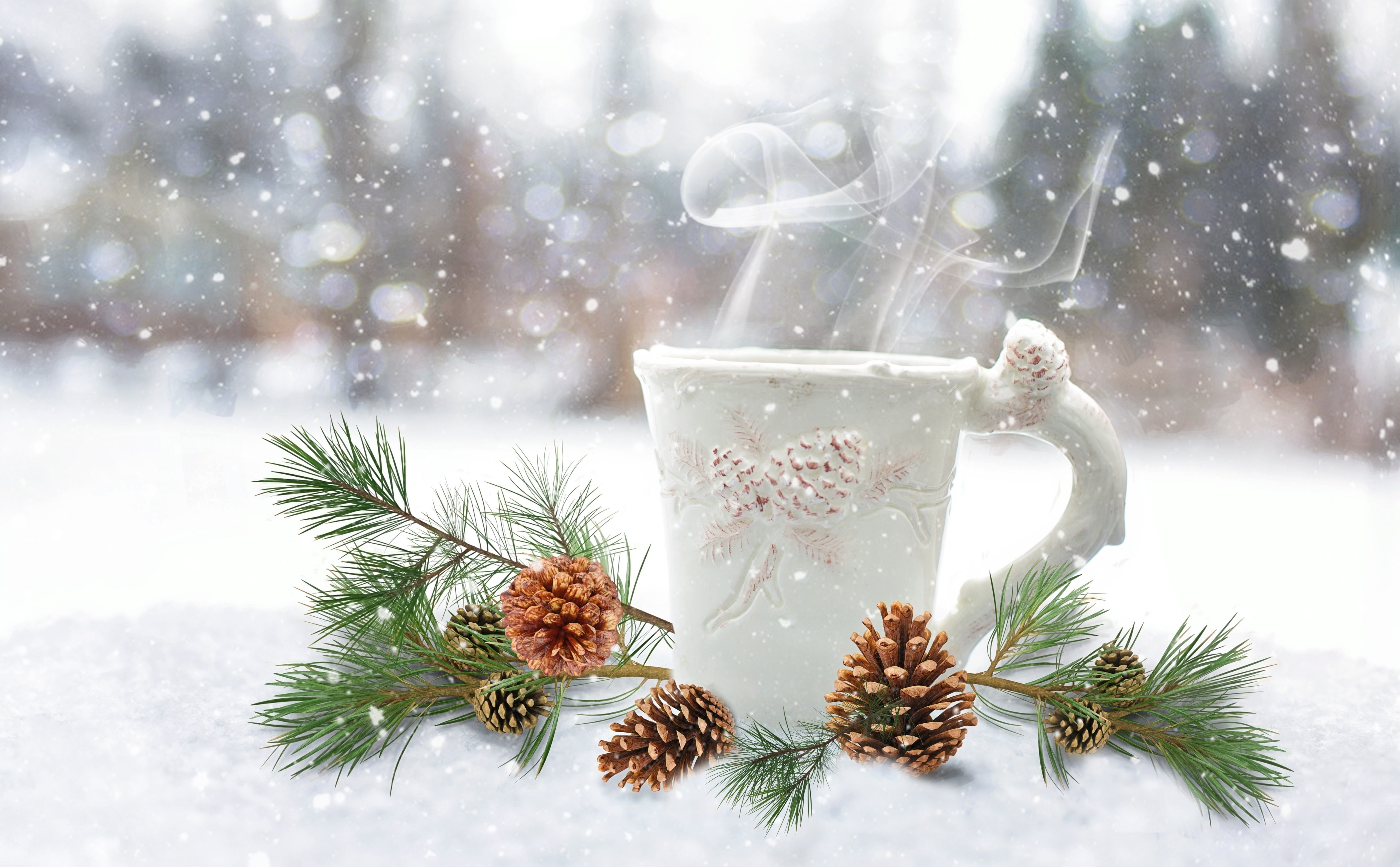 christmas, brew, holiday, christmas tree, Cozy, Morning, steam, hot drink, pineboughs, snowing, beverage, snowflake, steaming, cupofcoffee, refreshment, HD Wallpaper
