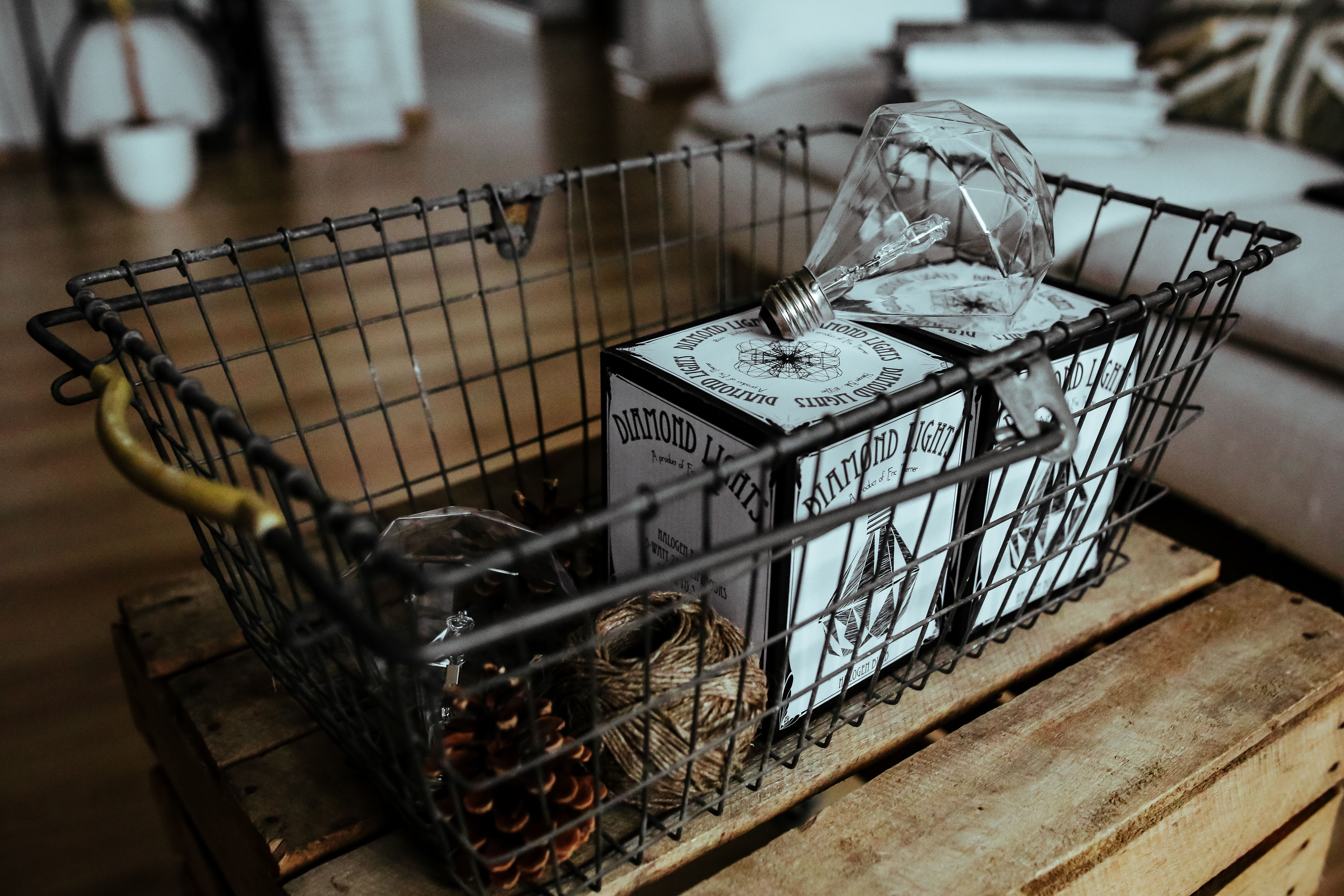 metal, day, food and drink, selective focus, lightbulbs, yarn, indoors, 5K, basket, wood - material, container, retail, fish, wood, communication, table, HD Wallpaper