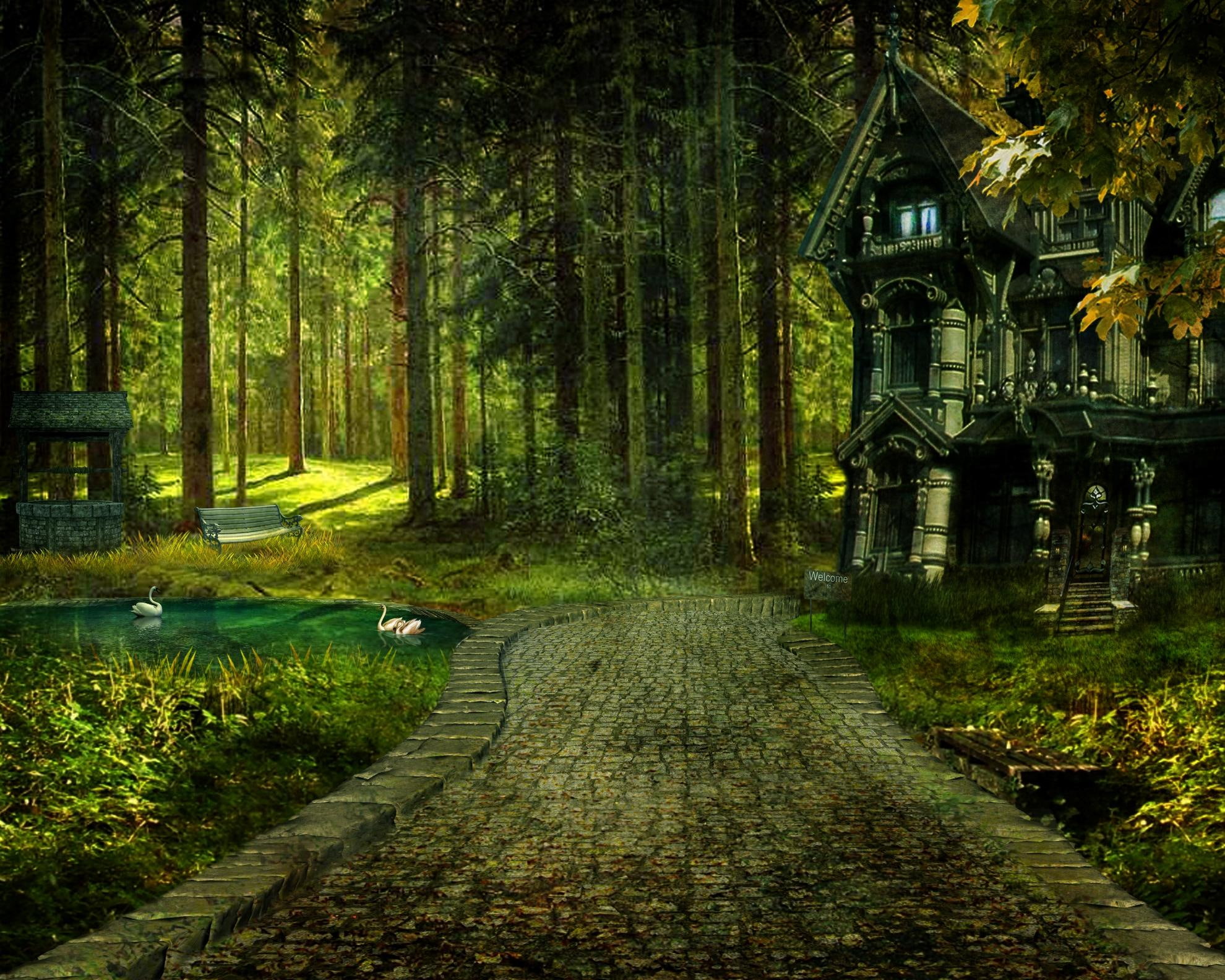 woods, deep, pathway, path, grey, concrete, fantasy, 1080P, forest, 3d and abstract, trees, HD Wallpaper
