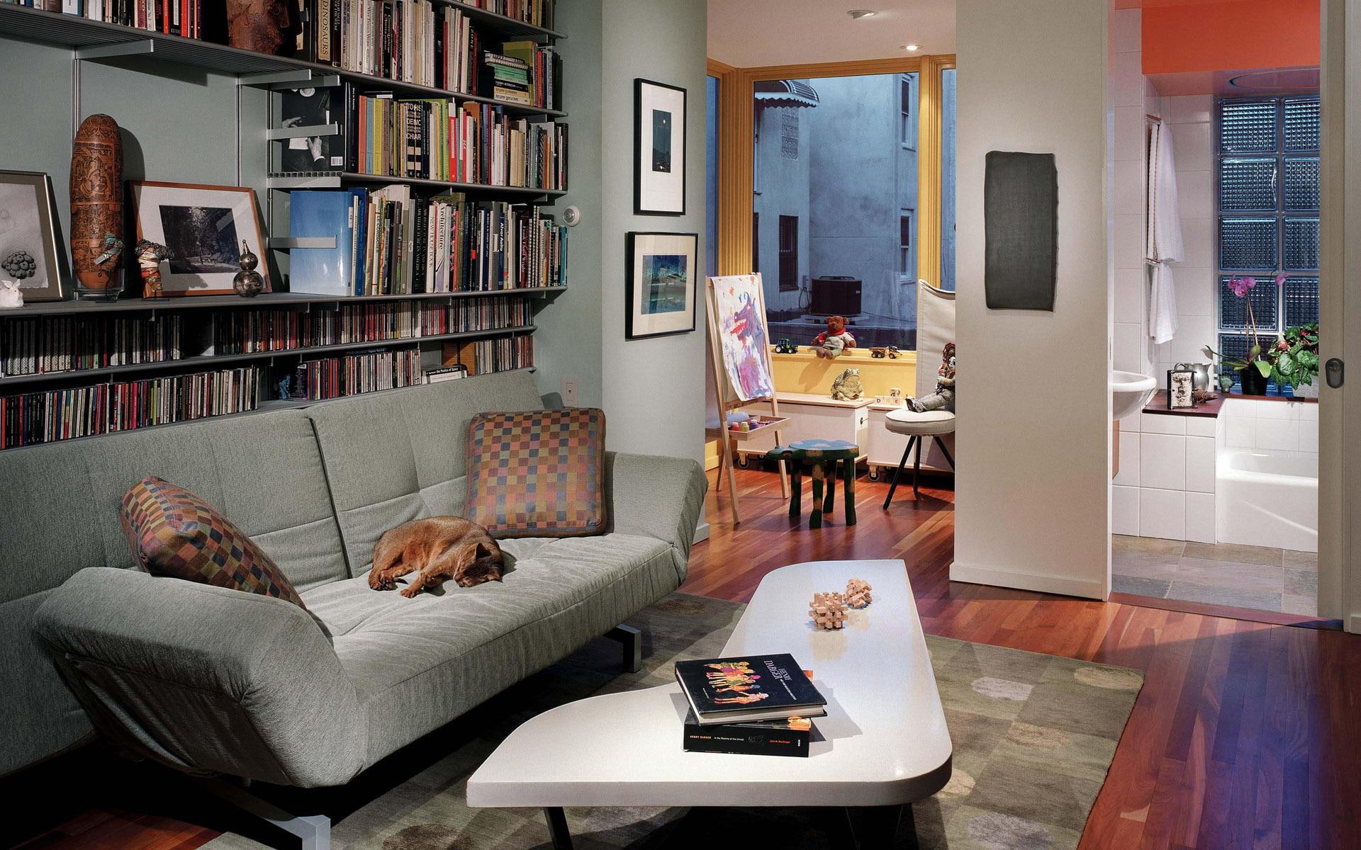 cosy, fabric, room, couch, set, tufted, bookcase, comfortable, books, colours, sofa, 1080P, architecture, pillow, living room, gray, modern, HD Wallpaper