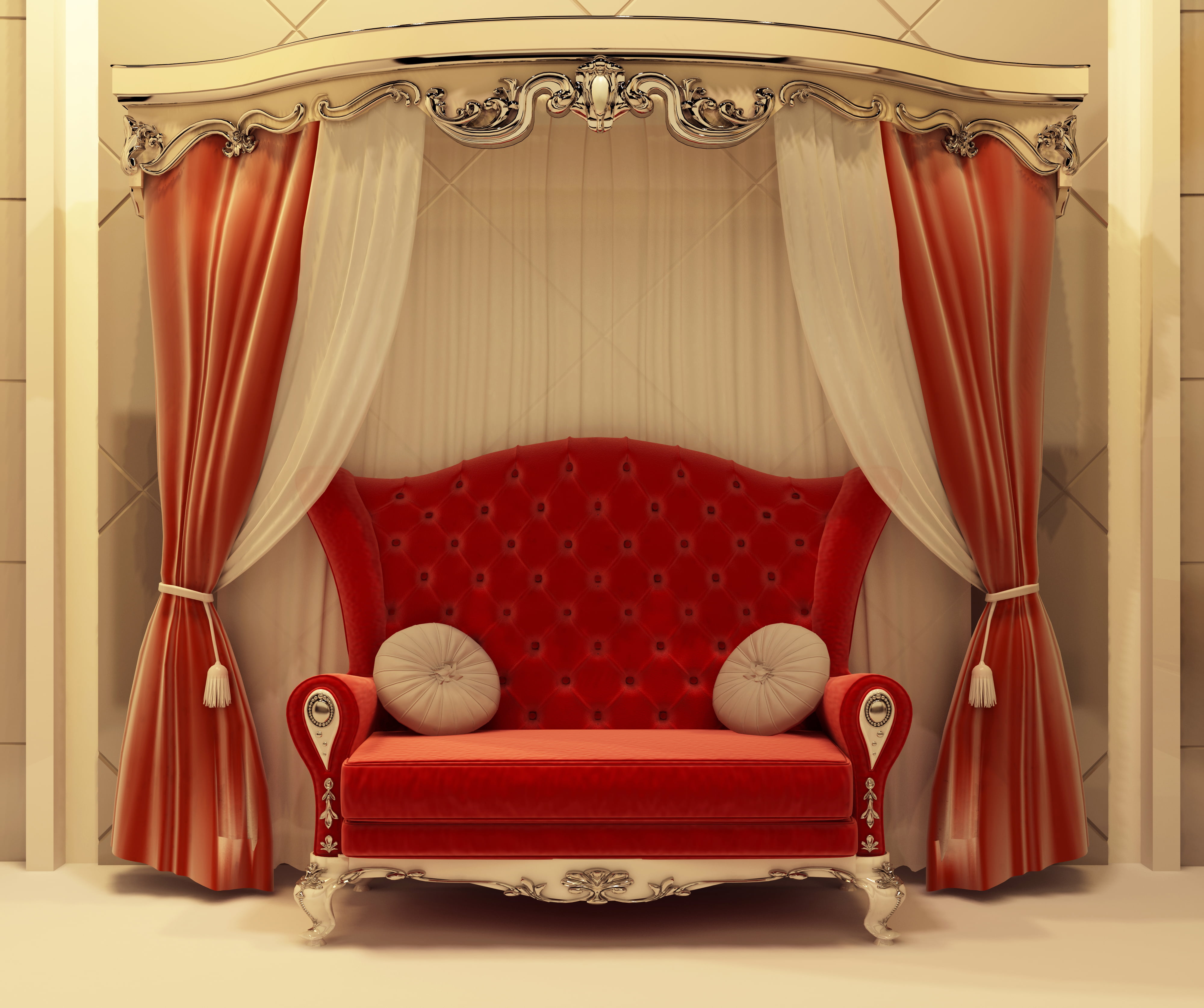 seat, stage, ornate, antique, no people, 4K, sofa, chair, tufted, elegance, home interior, empty, armchair, retro styled, luxury, curtain, pattern, comfortable, HD Wallpaper