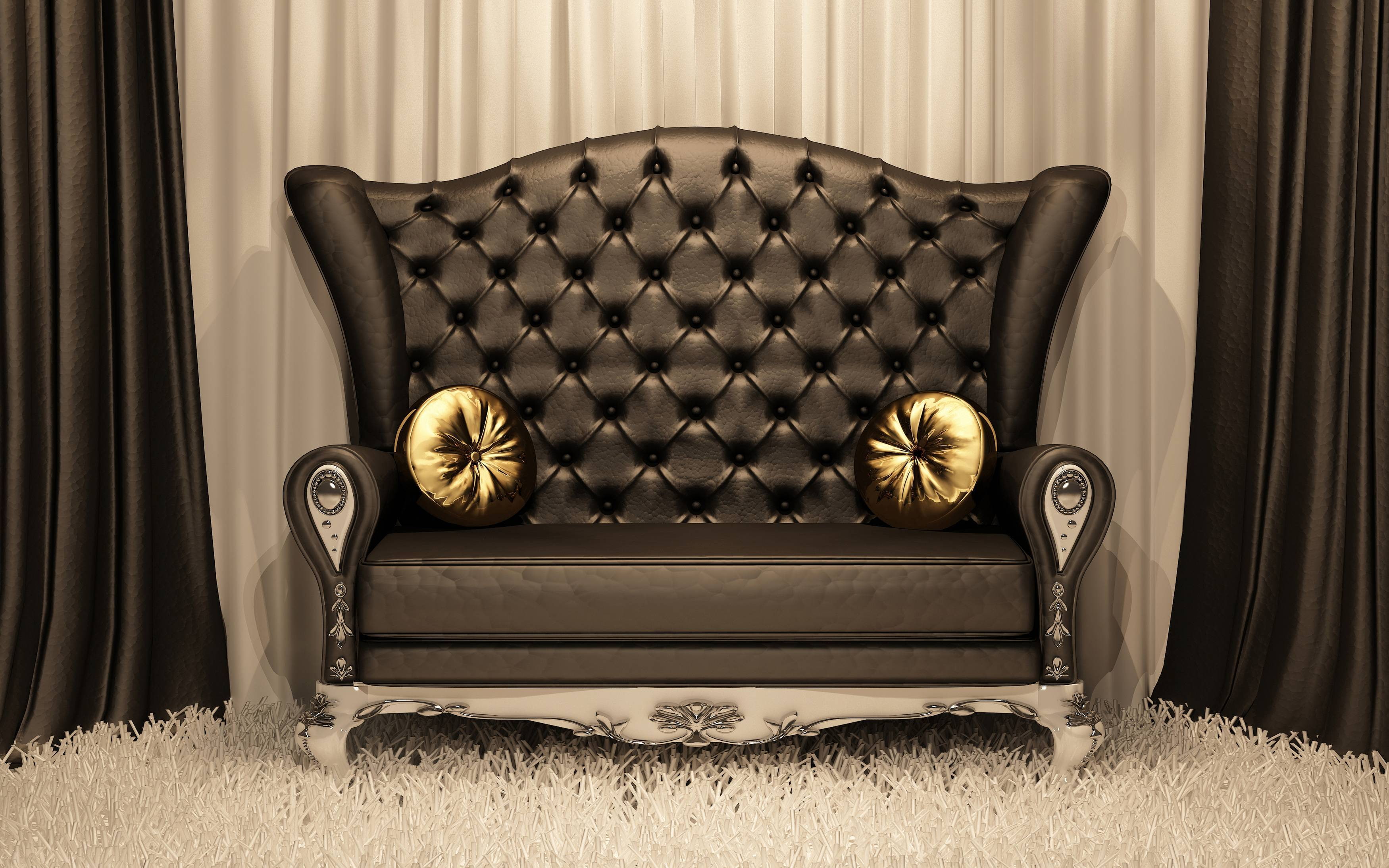 tufted, luxury, gold, furniture, modern, relaxation, antique, pillow, brown, living Room, ornate, indoors, retro styled, bedroom, apartment, style, cozy, HD Wallpaper