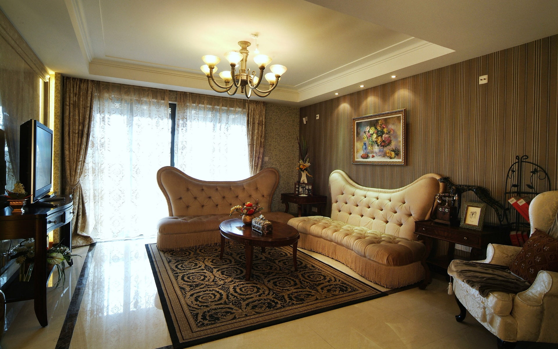 beige, illuminated, chair, house, coffee table, set, domestic room, no people, sofas, home, indoors, flooring, antique, architecture, electric lamp, ornate, HD Wallpaper