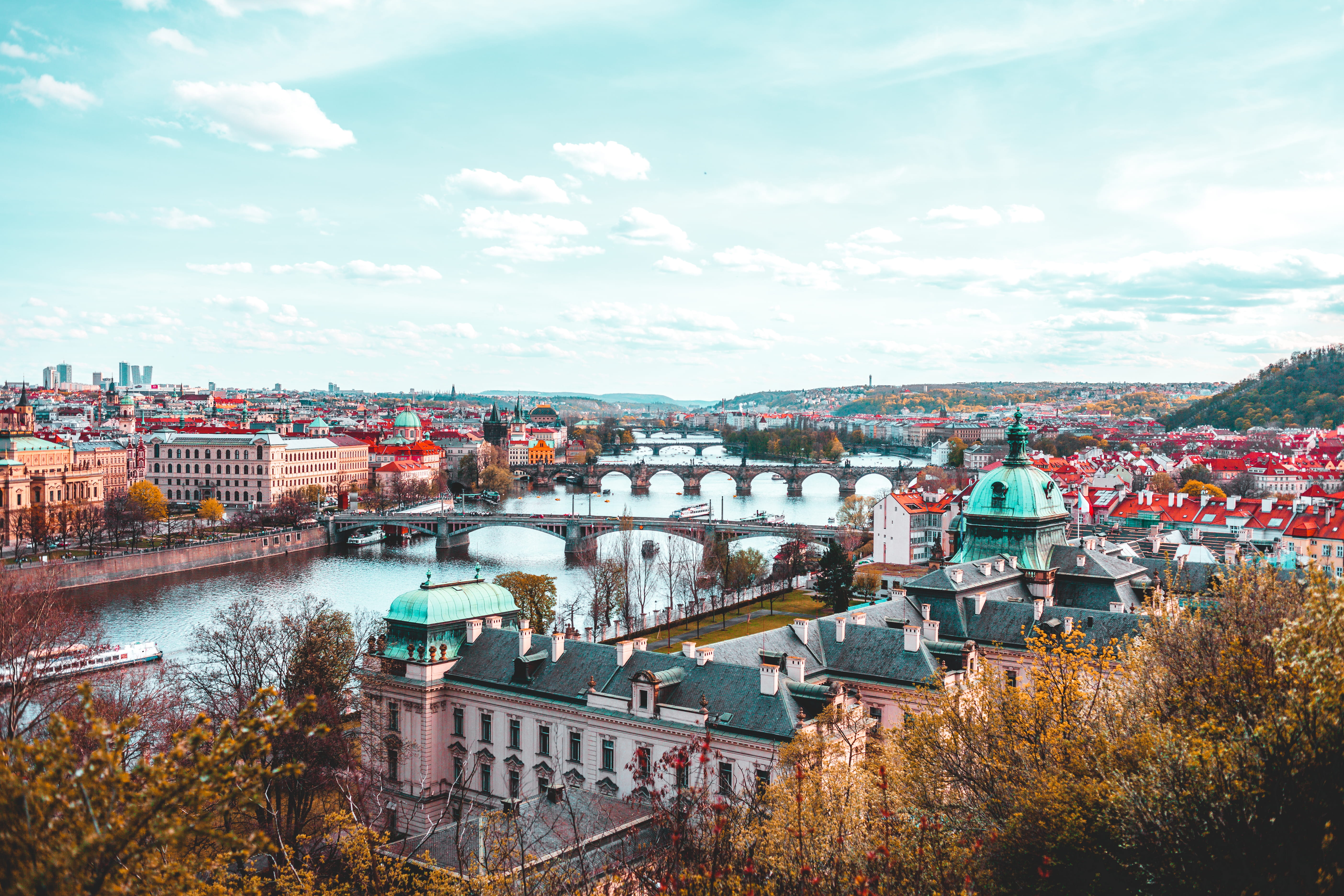 sky, plant, building exterior, residential district, bridges, towers, cityscape, outdoors, 35mm, orange, tree, settlement, czechia, nature, bridge, architecture, HD Wallpaper