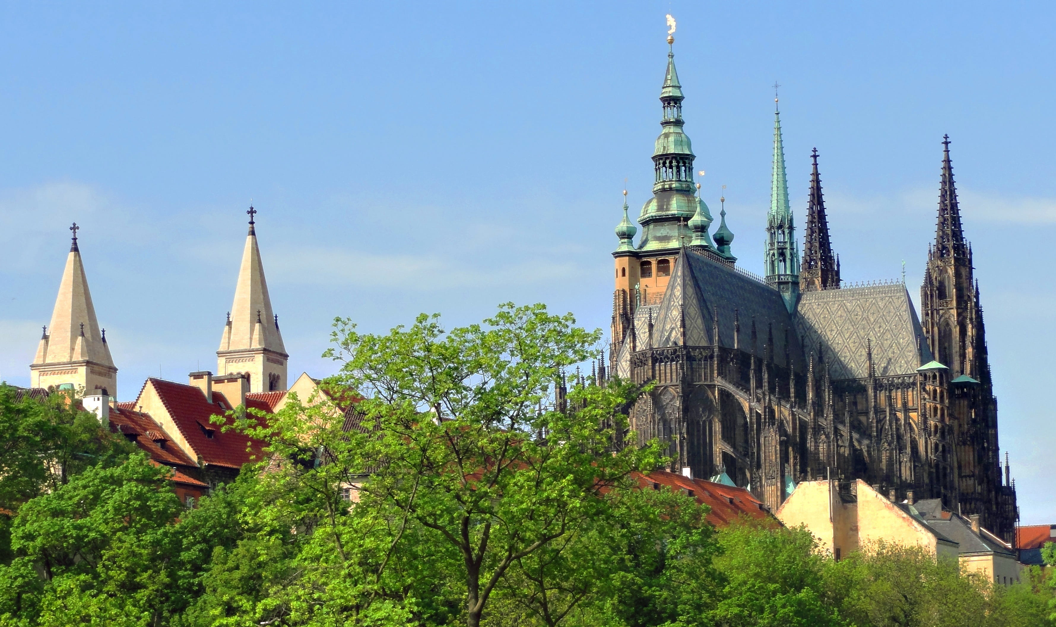 tourism, basilica, city, prague castle, tree, history, church, building, sky, romanesque, historical, architecture, belief, capital, tower, castle, built structure, HD Wallpaper