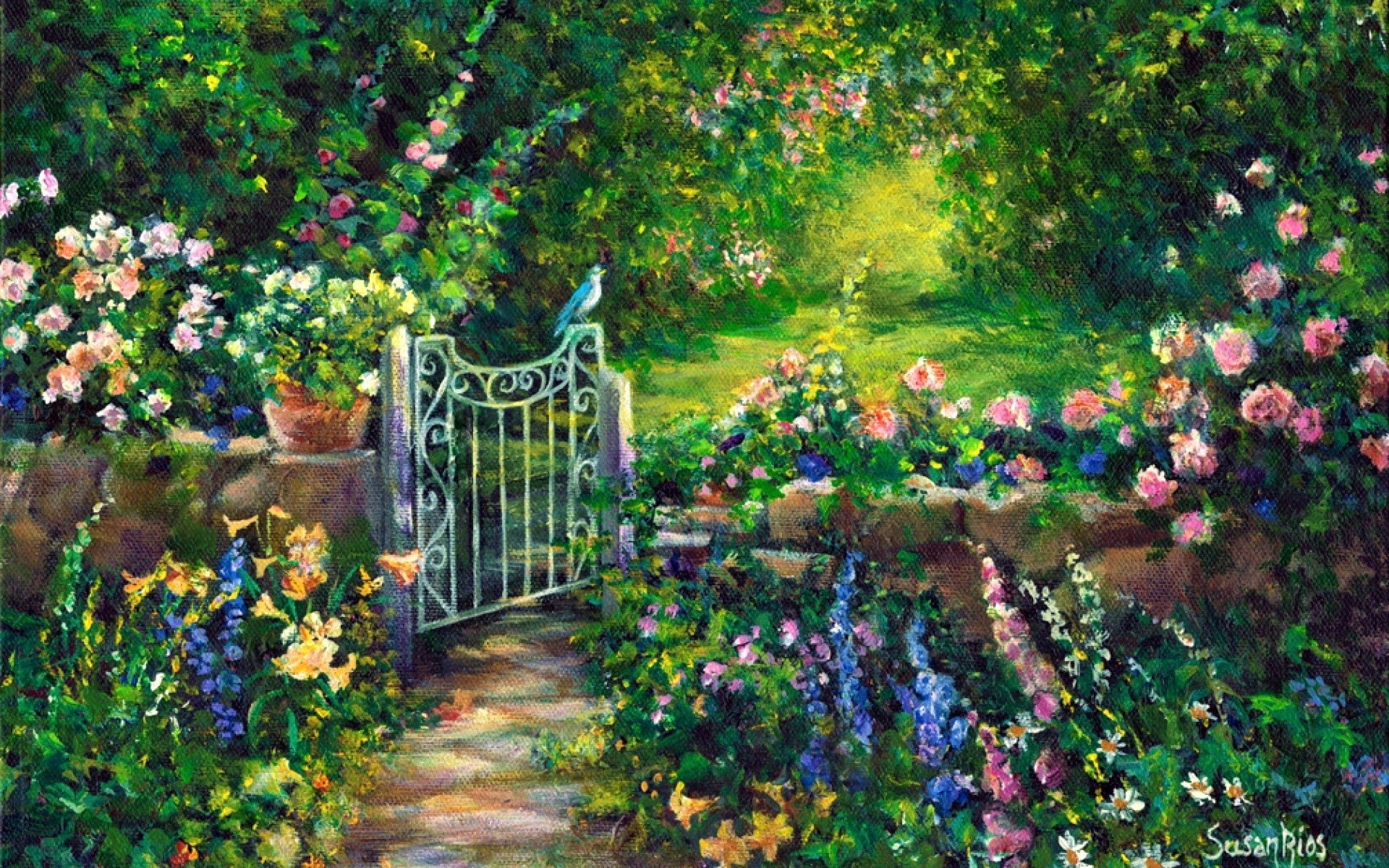 1080P, Bird, Gate, Flower, Painting, Garden, Artistic, Spring, HD Wallpaper