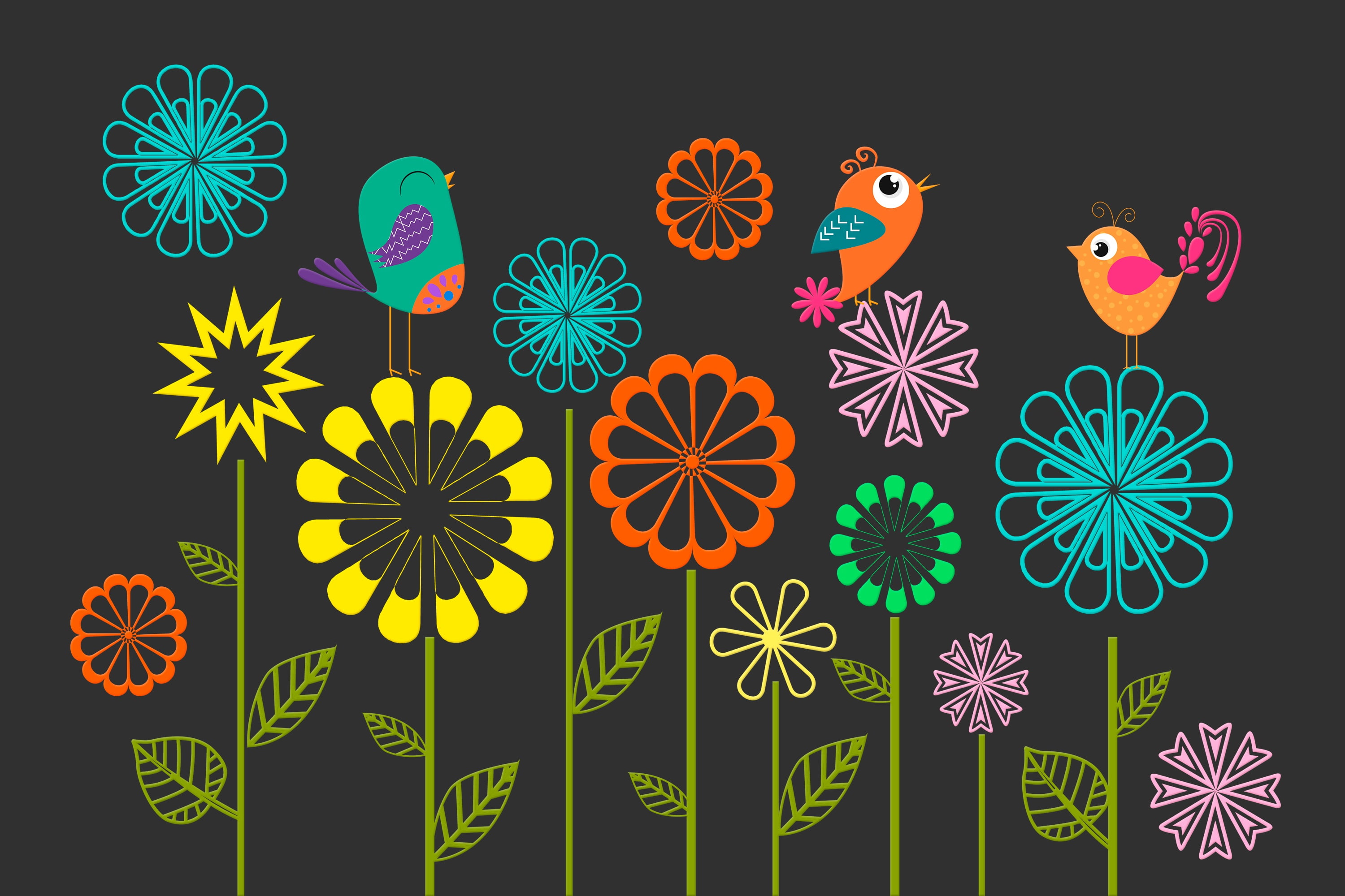 Colorful, Spring, Flowers, Vectors, 2K, Birds, HD Wallpaper