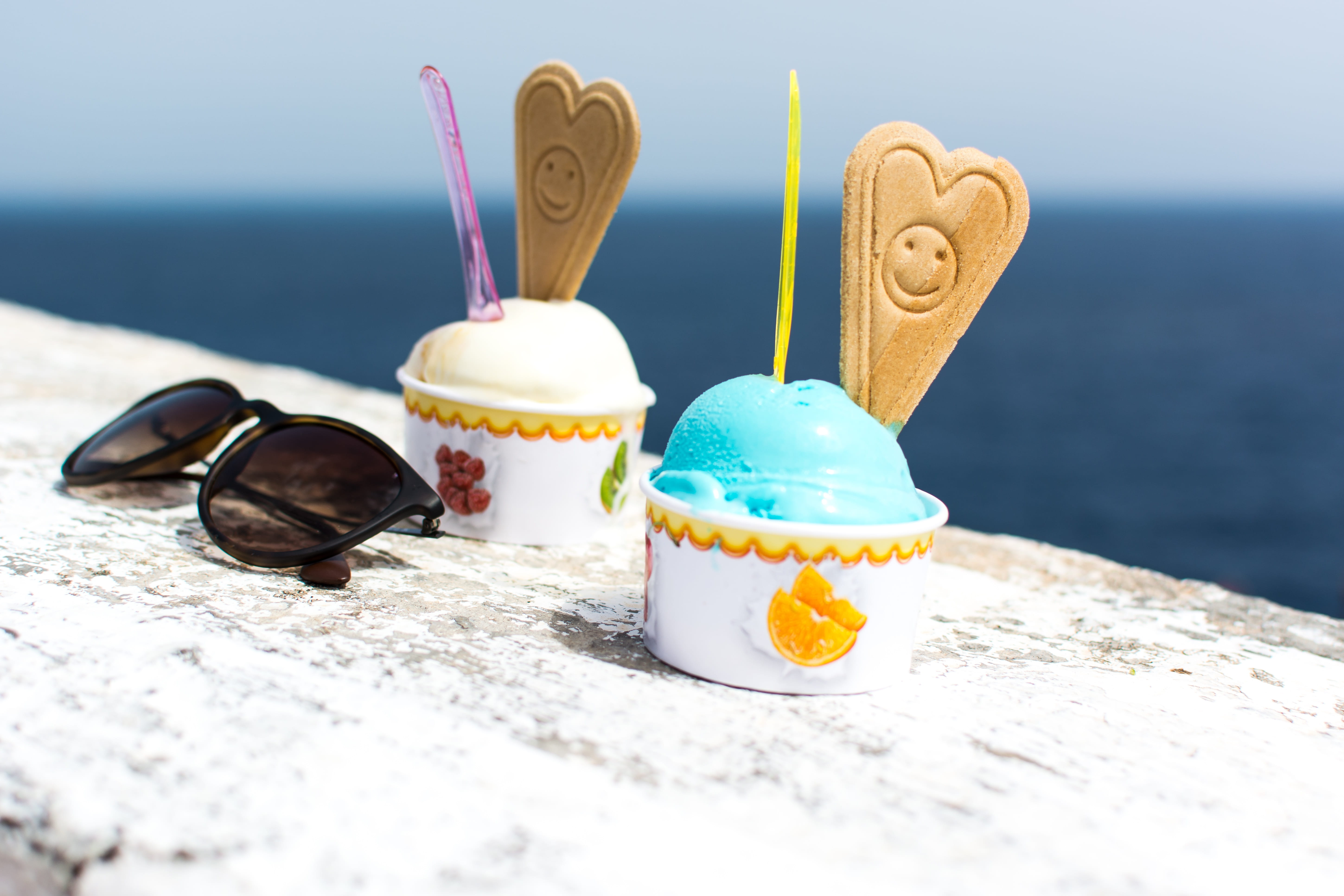 cone, celebration, 5K, multi colored, Ice Cream Cone, sand, indulgence, sunglasses, close-up, blue, day, still life, sea, summer, temptation, food and drink, HD Wallpaper