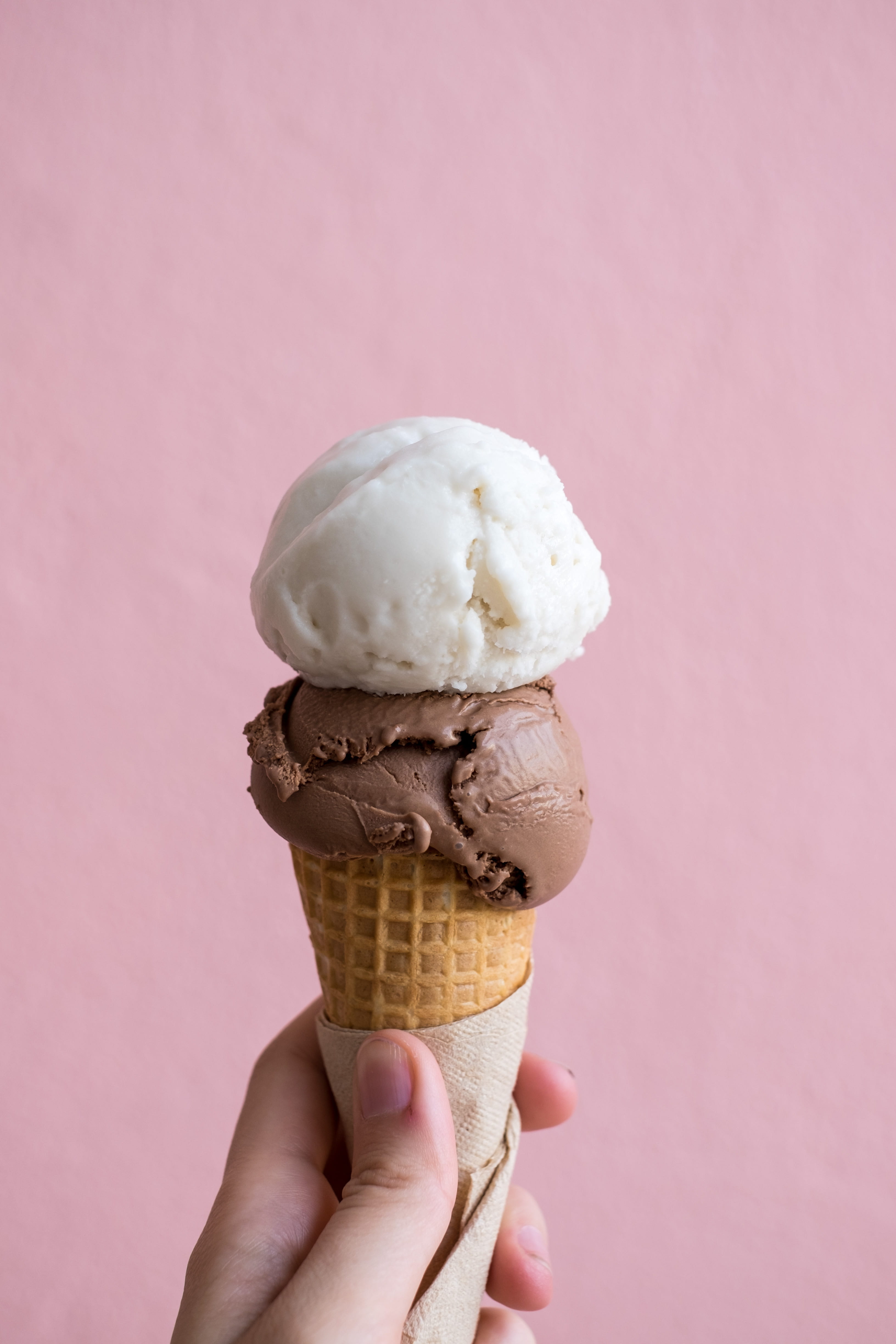 ice cream, pink color, temptation, colored background, holding, human hand, cone, finger, food photography, food and drink, 4K, frozen food, indulgence, Phone HD Wallpaper