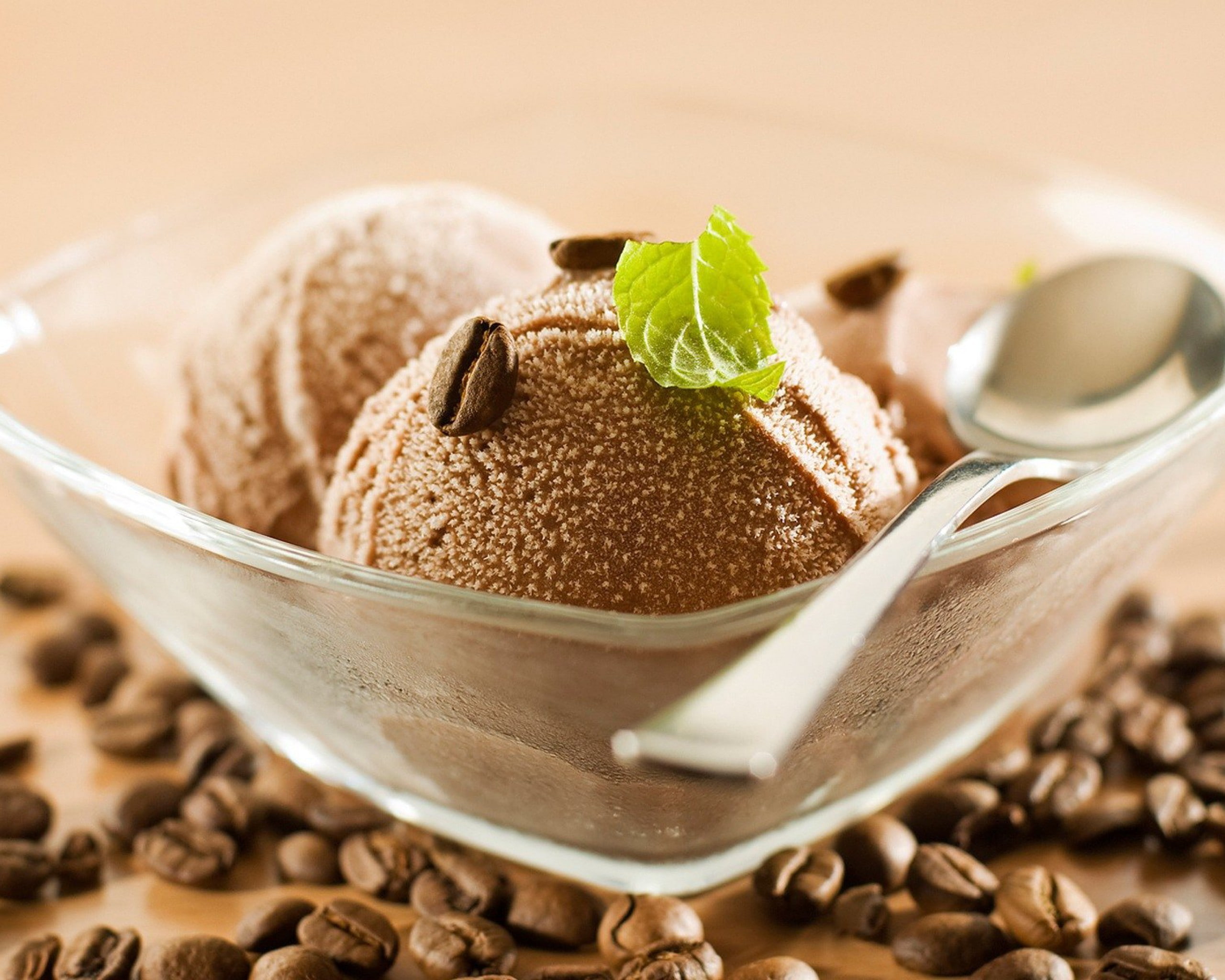 ice cream, 2K, food, dessert, coffee beans, mint leaves, HD Wallpaper