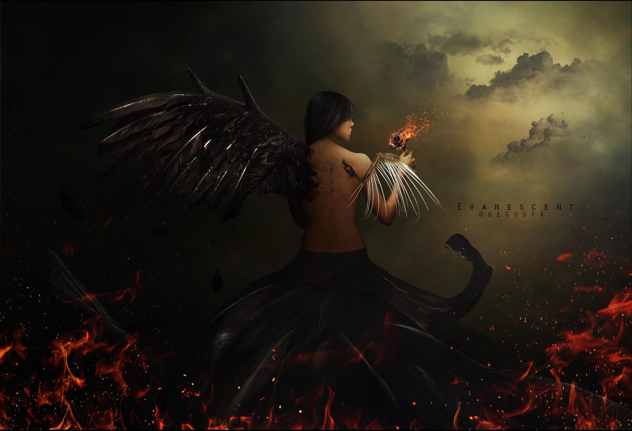 artwork, fantasy, art, 1080P, wings, dark, fire, fantasy art, HD Wallpaper