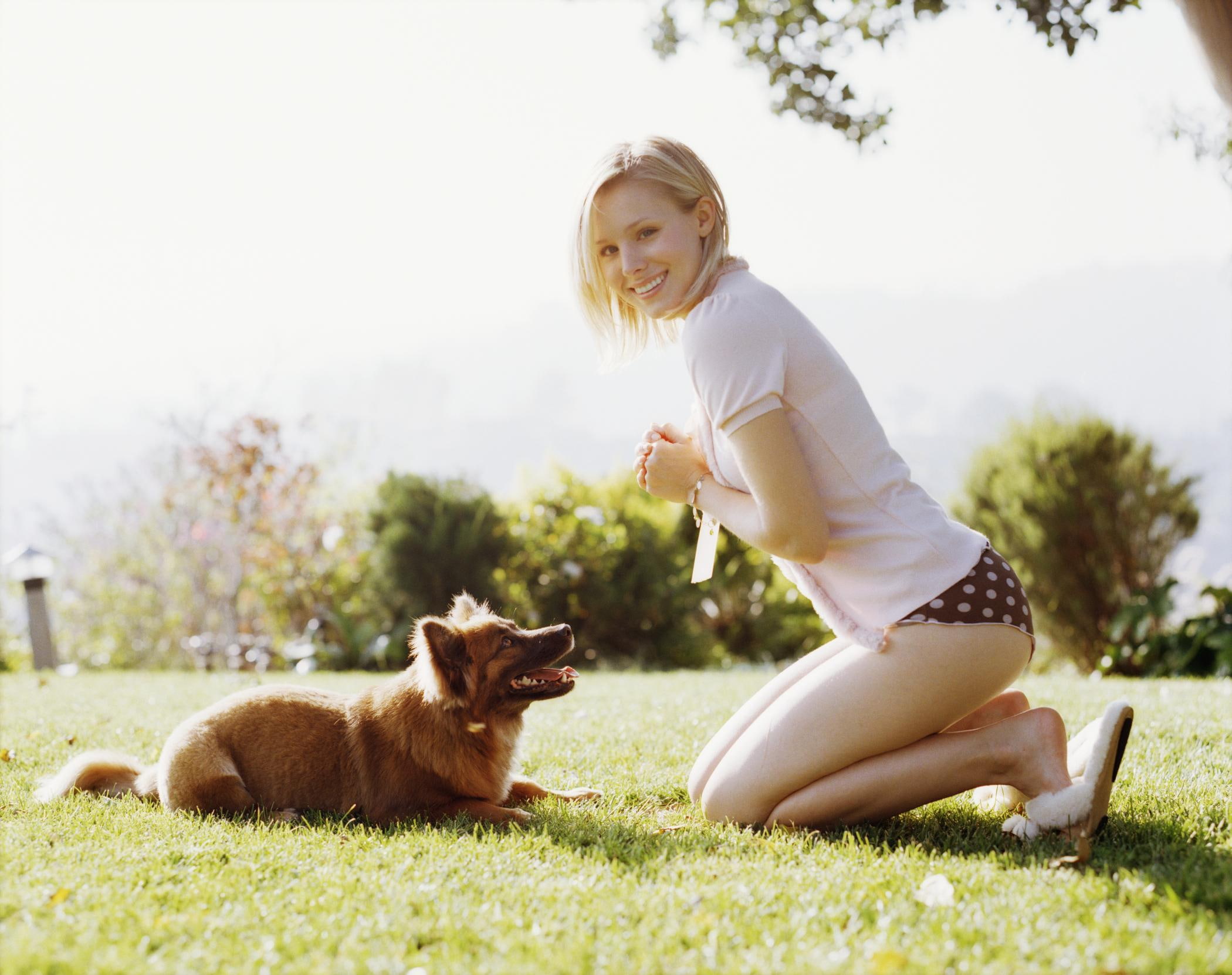 pets, kristen, women, hd, bell, x, dogs, outdoors, art, 1080P, blondes, celebrity, animals, grass, HD Wallpaper