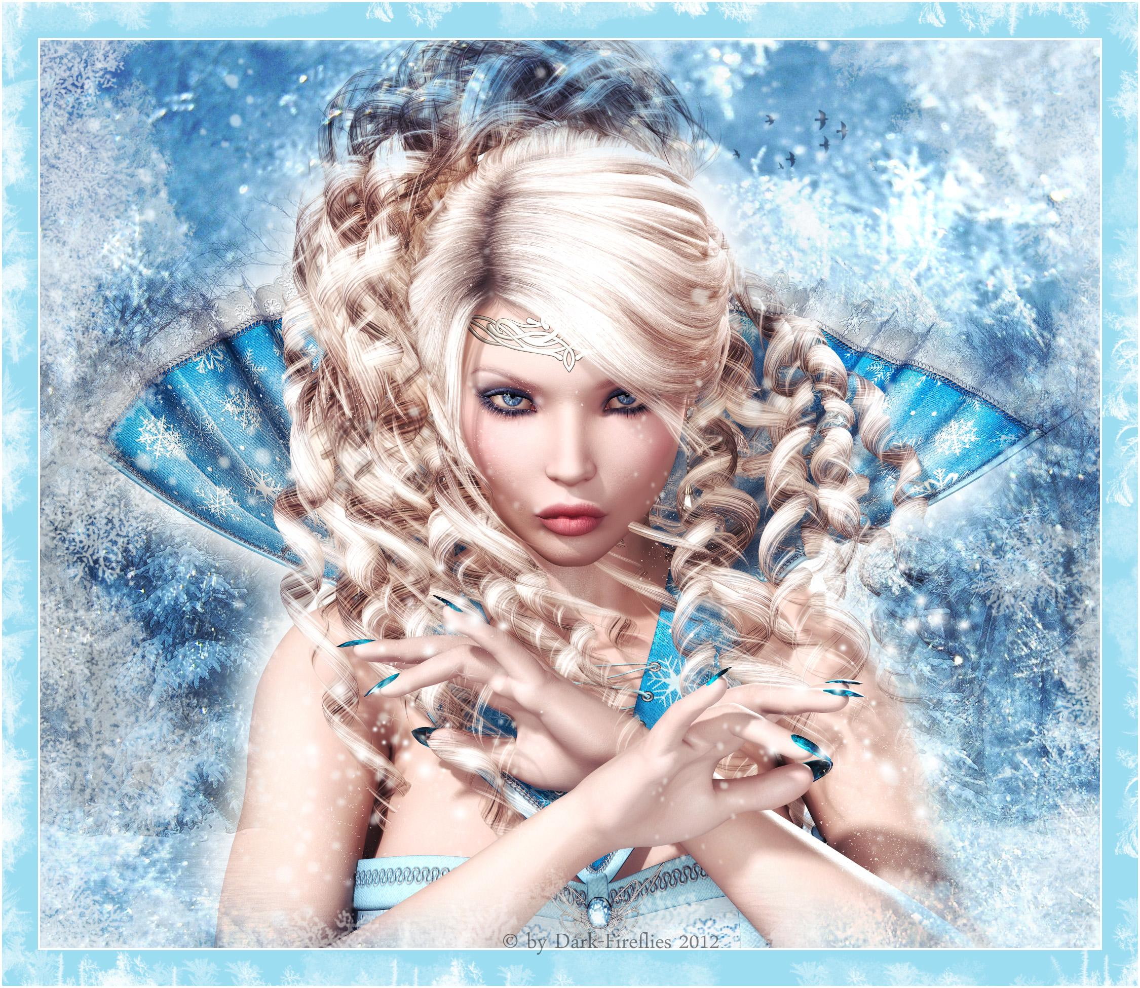 dark fireflies, digital art, portrait, ice, dress, 1080P, lovely, 3d art, snowflakes, lashes, scenes, beautiful, hair, queen, HD Wallpaper