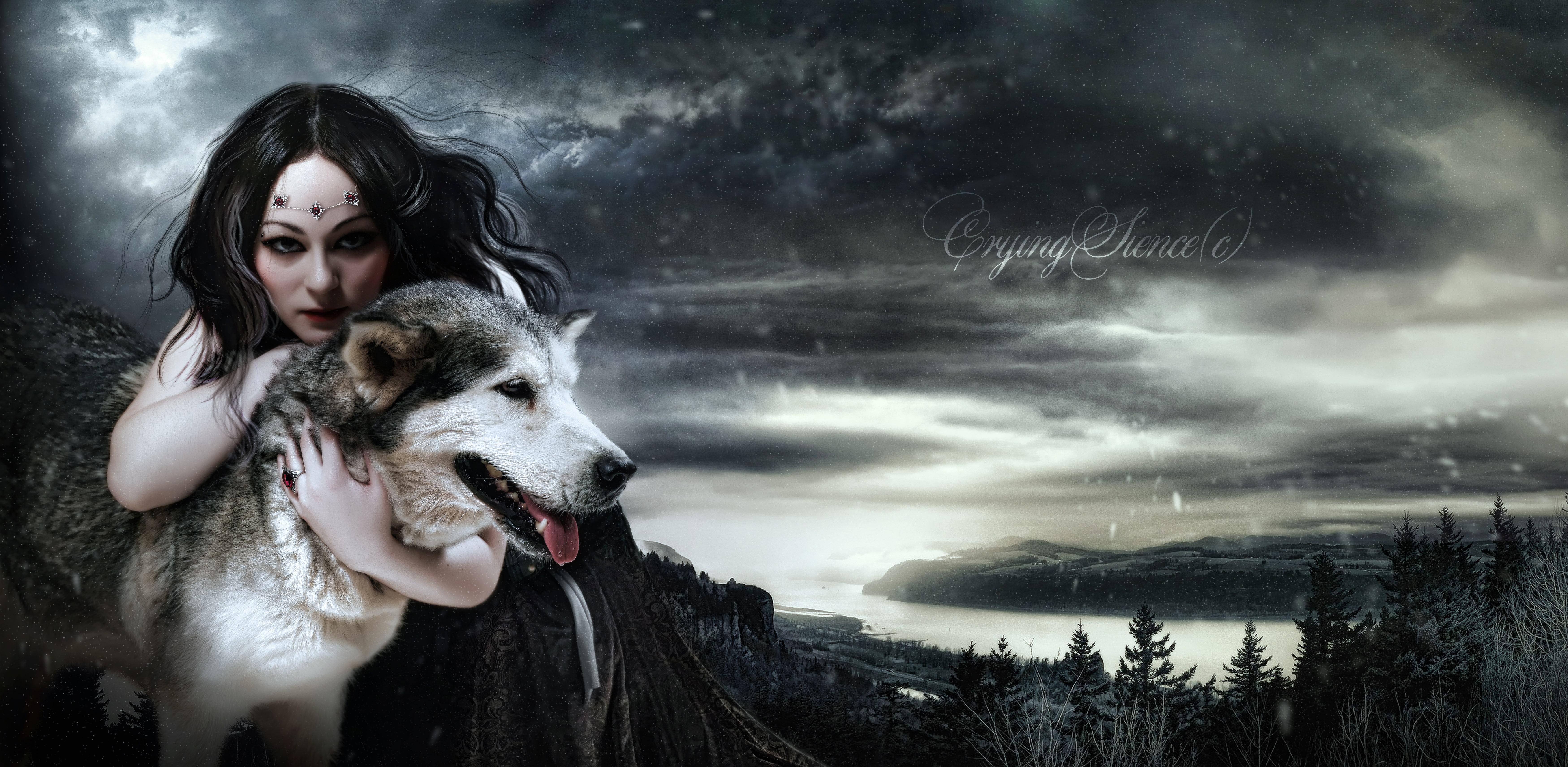  gray, hairstyle, digital composite, portrait, sky, snow, domestic, Morgan, white, wolf, cloud - sky, dress, pets, dark, animal, 5K, digital, HD Wallpaper