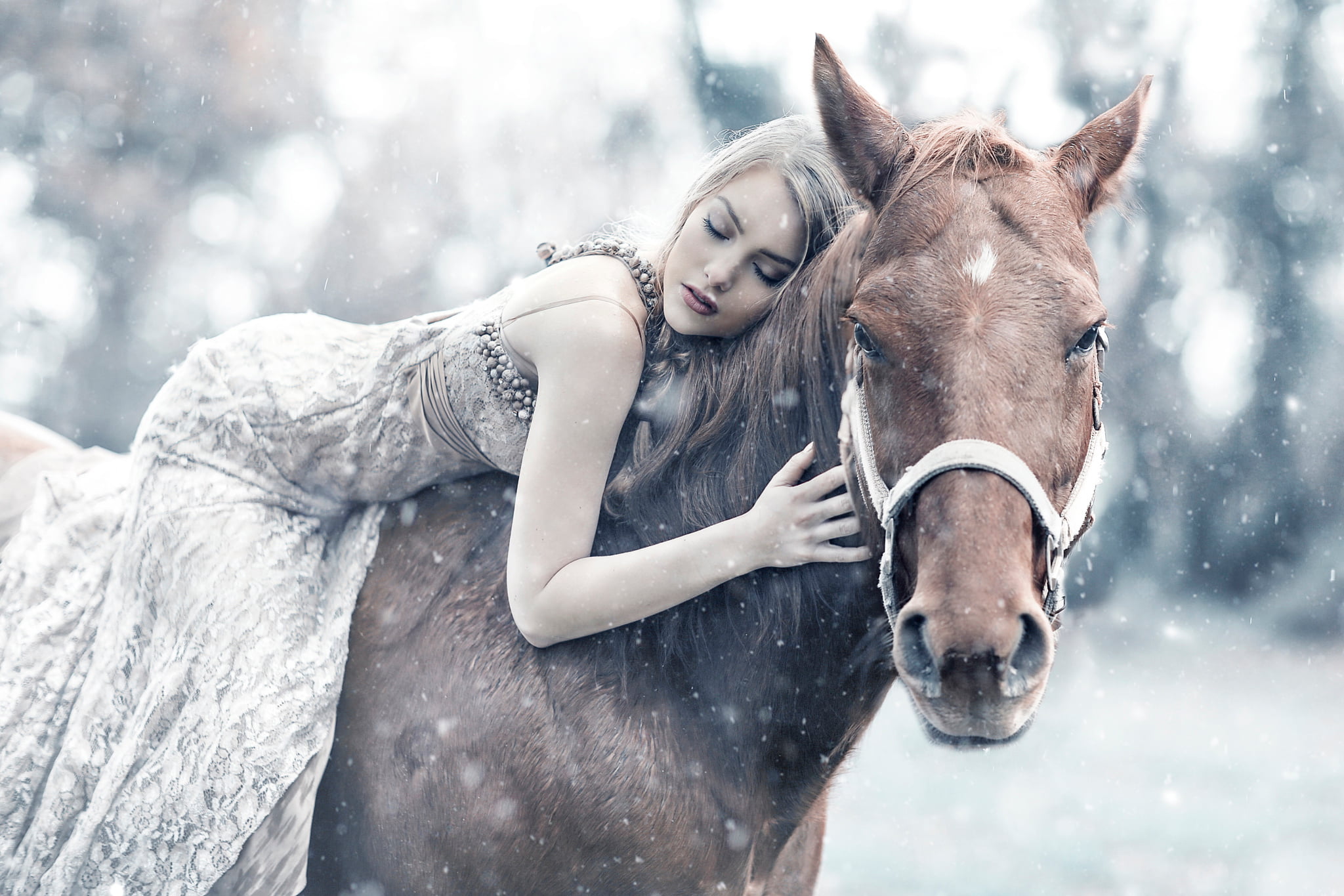 domestic animals, winter, 1080P, beauty, horse, vertebrate, outdoors, Queen Maud, girl, mammal, pets, nature, young adult, snow, women, herbivorous, livestock, HD Wallpaper