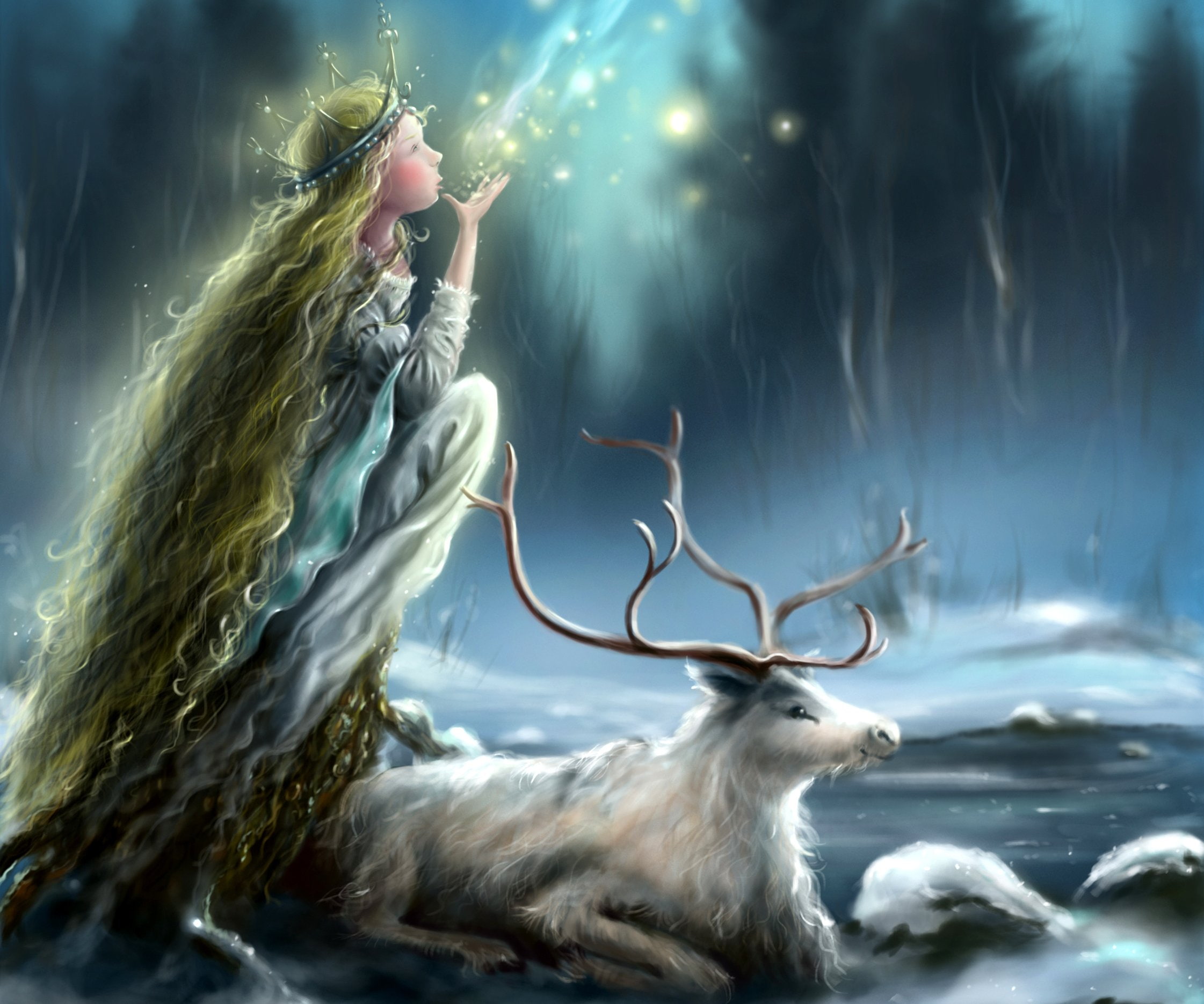 Mania, 1080P, Lights, Antlers, fantasy, mood, face, Princess, ice, hair, Long, girl, profile, winter, animal, snow, christmas, Deer, HD Wallpaper
