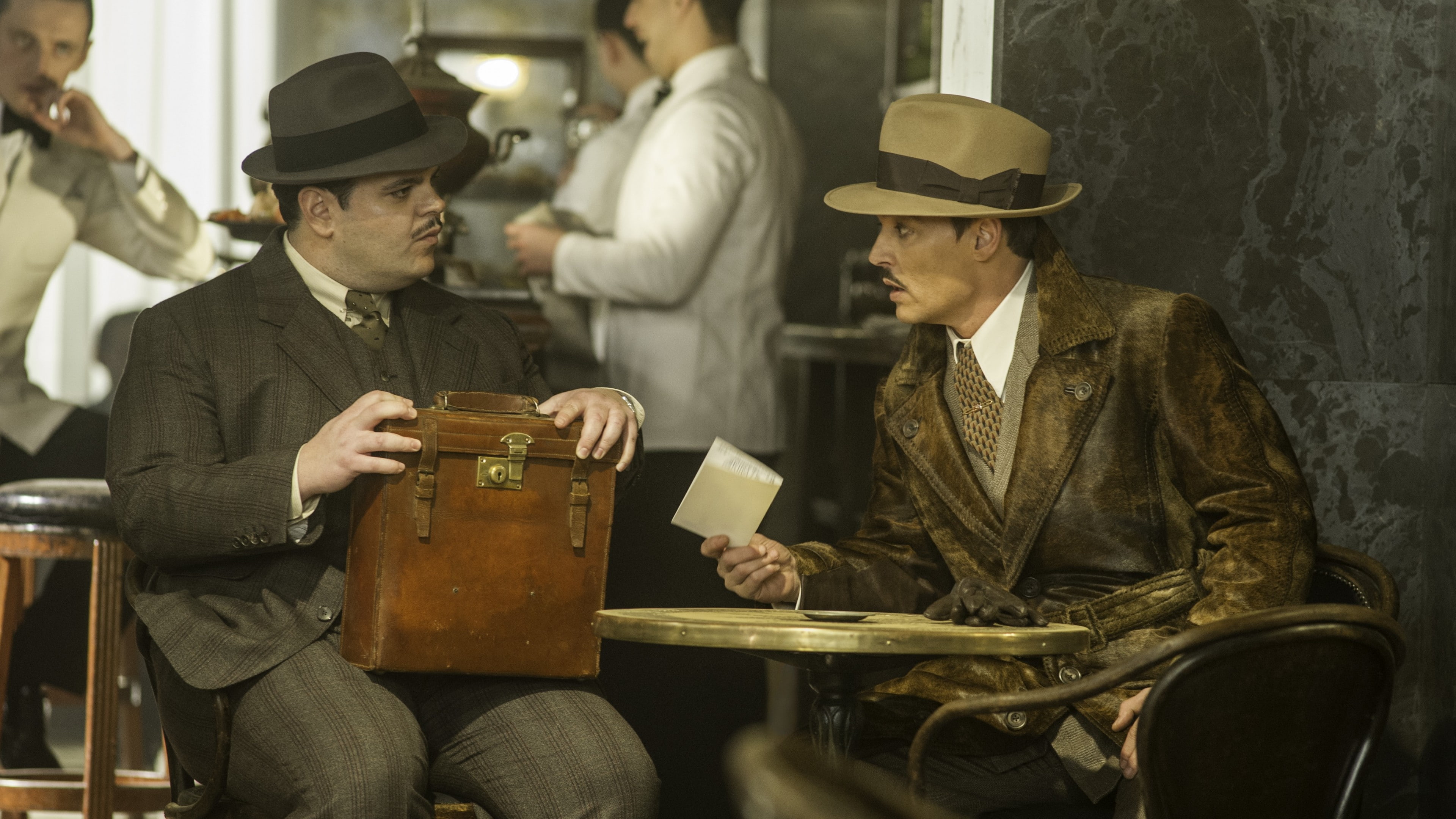 men, hats, 4K, sitting, wearing, table, two, Josh Gad, 4k, Murder on the Orient Express, HD Wallpaper