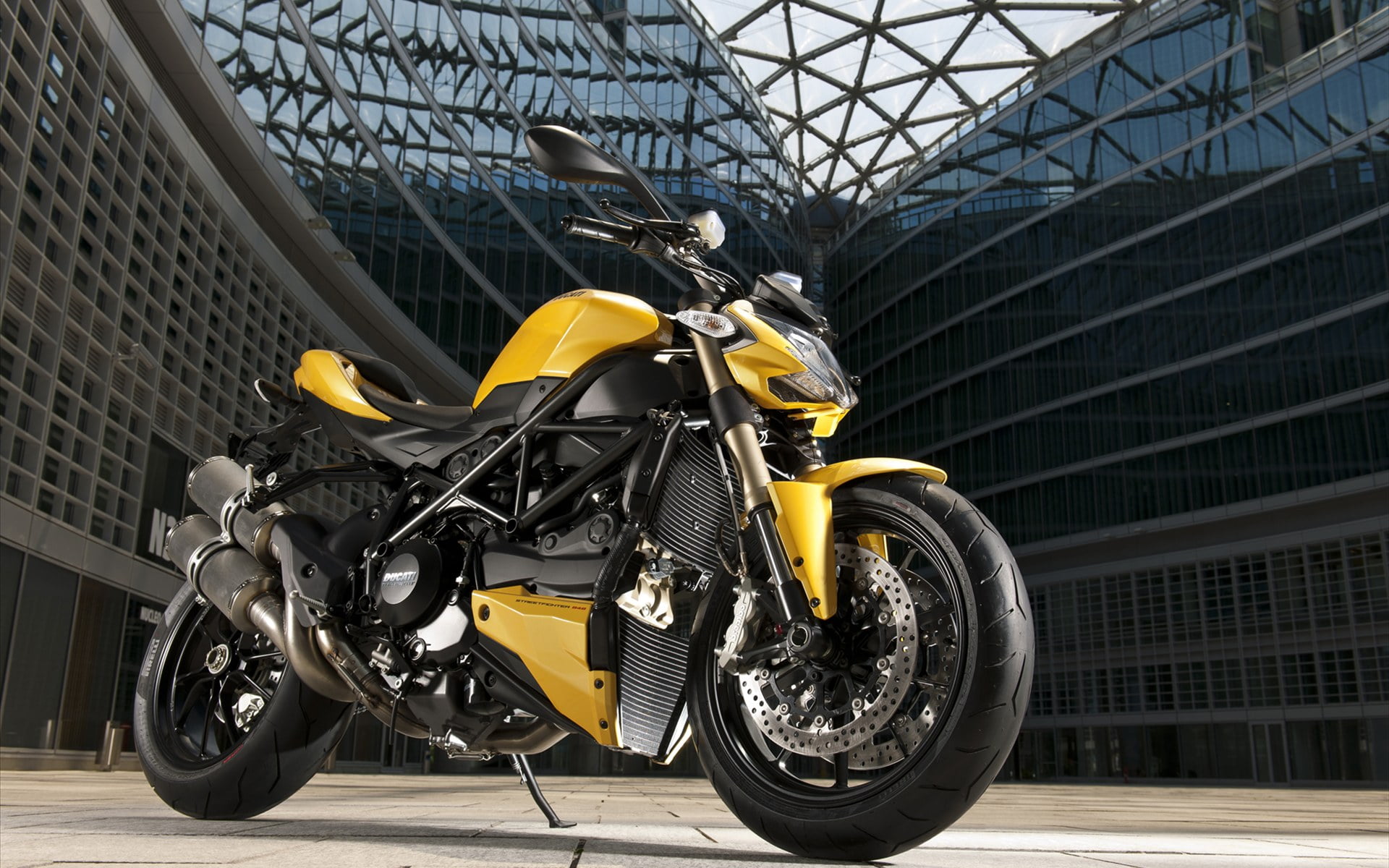 helmet, black, first, mode of transportation, outdoors, Ducati, yellow, day, headwear, architecture, street, bike, sports, built structure, 1080P, no people, HD Wallpaper