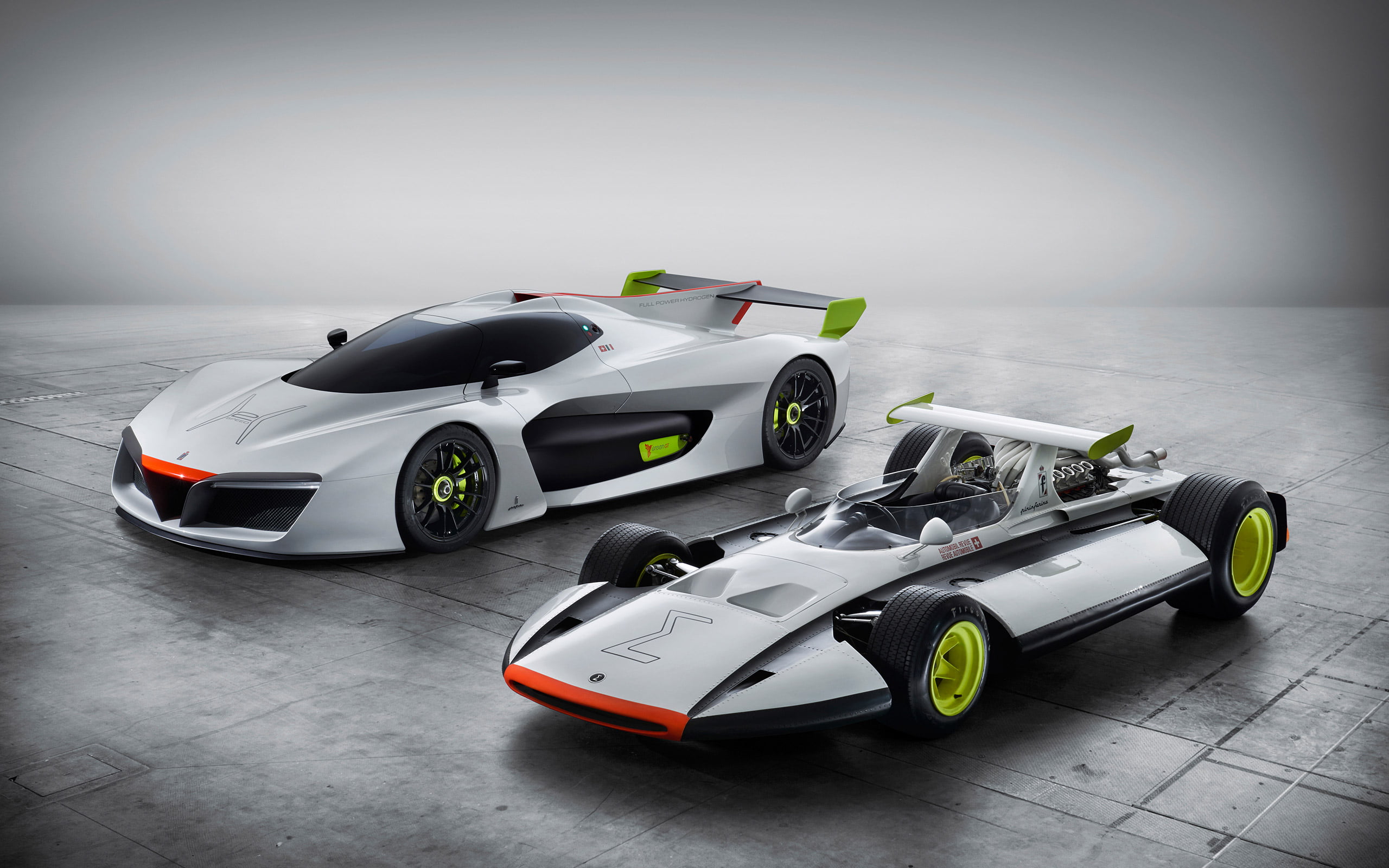 gray, two, racecar, professional sport, motorsport, vehicles, first, competitive sport, vignette, luxury, Pininfarina, mode of transportation, black color, HD Wallpaper