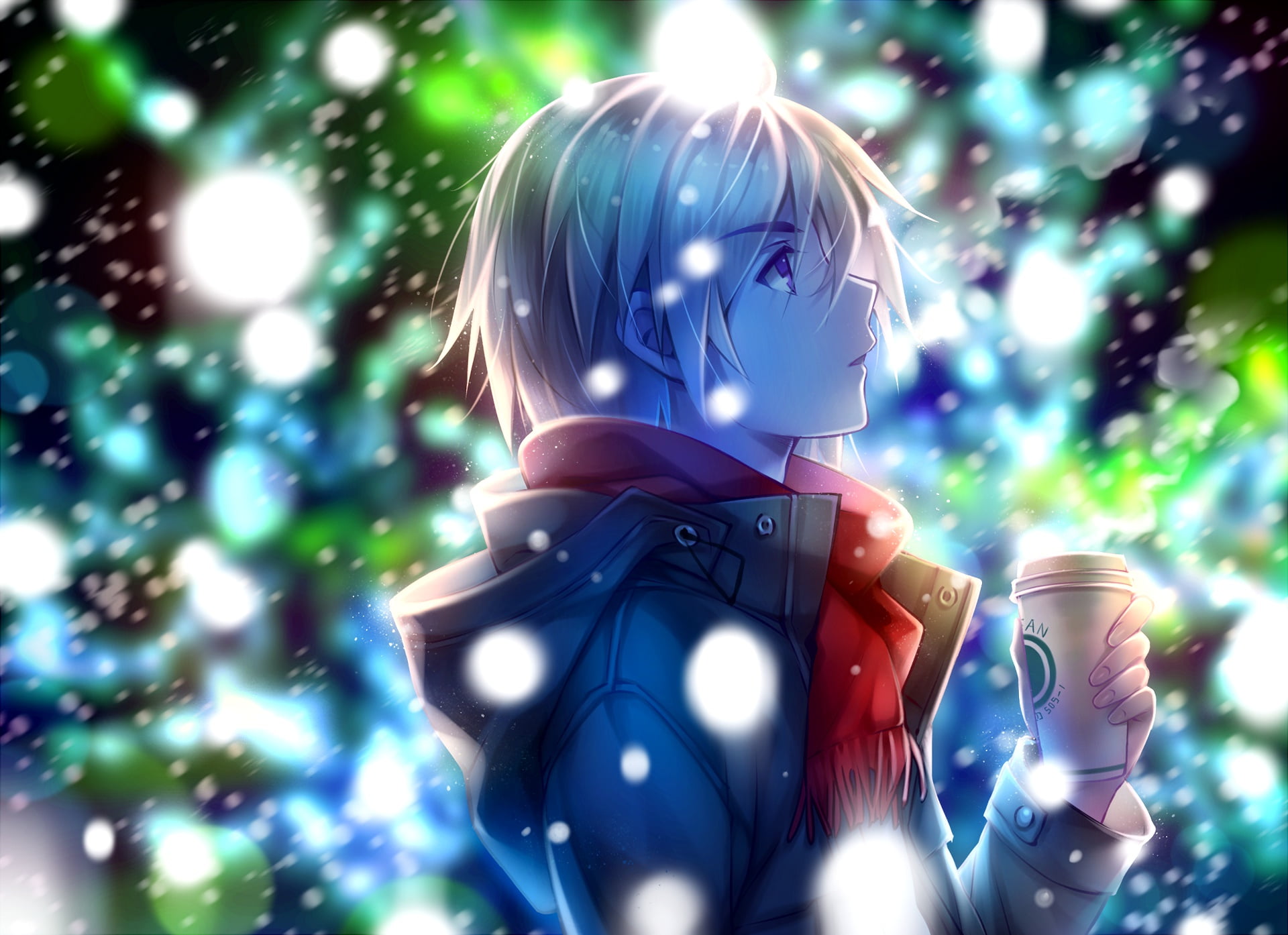 winter, blonde, red scarf, night, art, profile, looking up, jacket, Cup, guy, the first snow, Tidsean, 1080P, HD Wallpaper