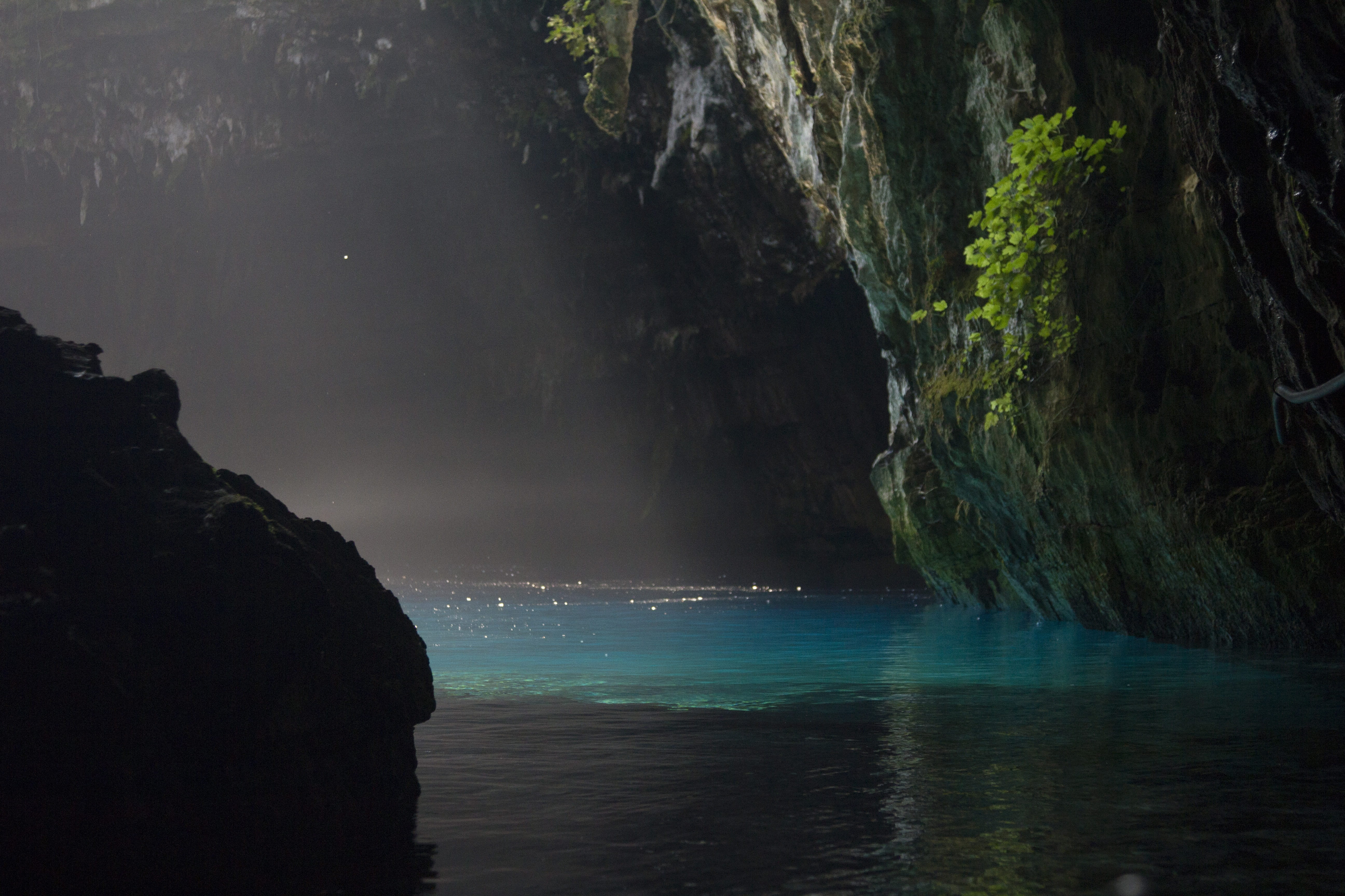 land, 5K, rock formation, reflection, cave, water, melissani cave, tree, solid, waterfall, landscape, greece, no people, sea, rock, beauty in nature, outdoors, HD Wallpaper