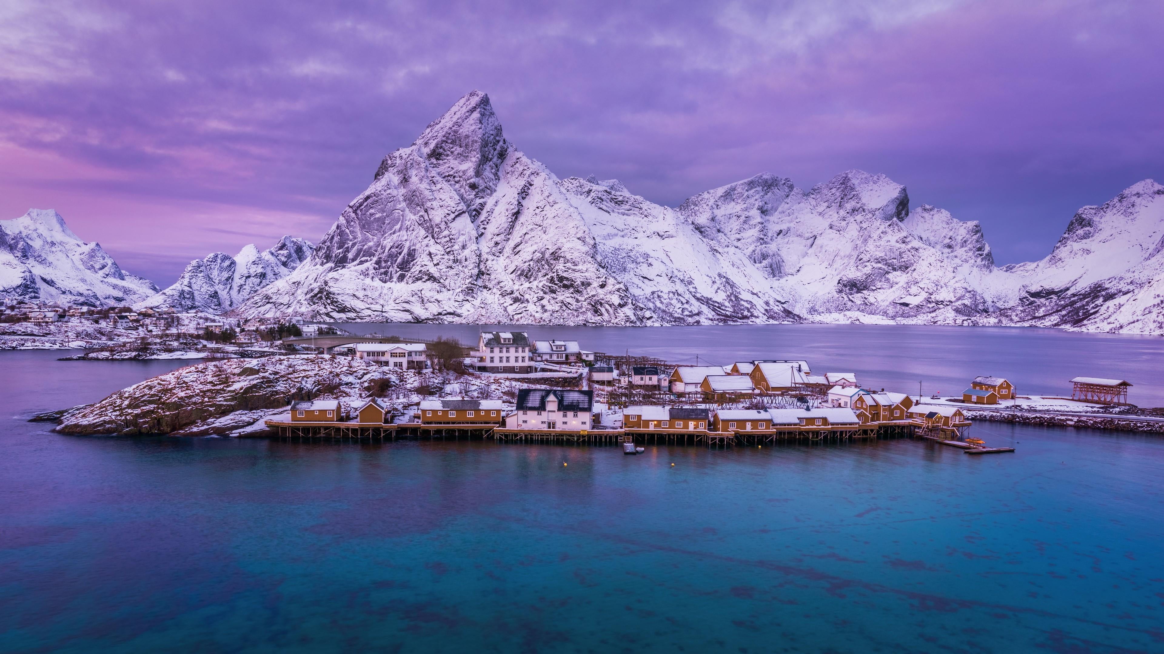 reinefjord, cloud - sky, norway, winter, sea, snow, glacial landform, fishing village, mountain, beauty in nature, no people, europe, travel destinations, HD Wallpaper