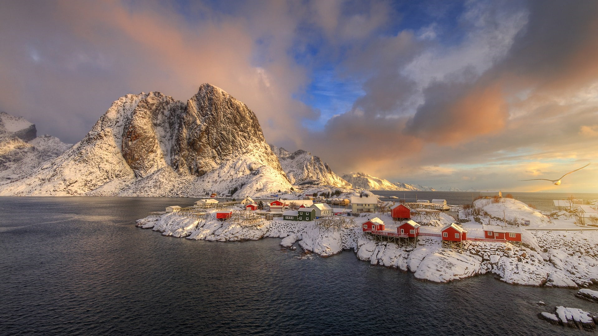 rock, lofoten, sky, cloudy, europe, tranquility, scenics - nature, land, hamnoy, houses, fjord, cloud, no people, red houses, beauty in nature, mountain range, HD Wallpaper
