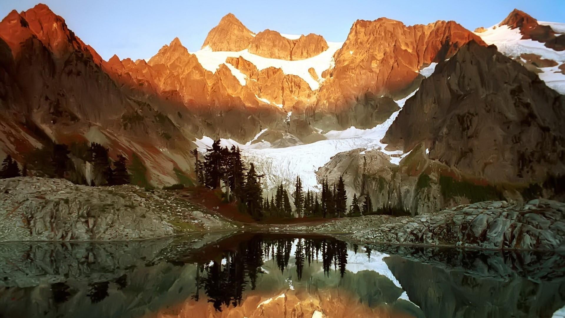 lake, united states, reflection, mountain, glacier, mountain range, 1080P, mount scenery, national park, winter, glaciated massif, idyllic, glacial landform, HD Wallpaper