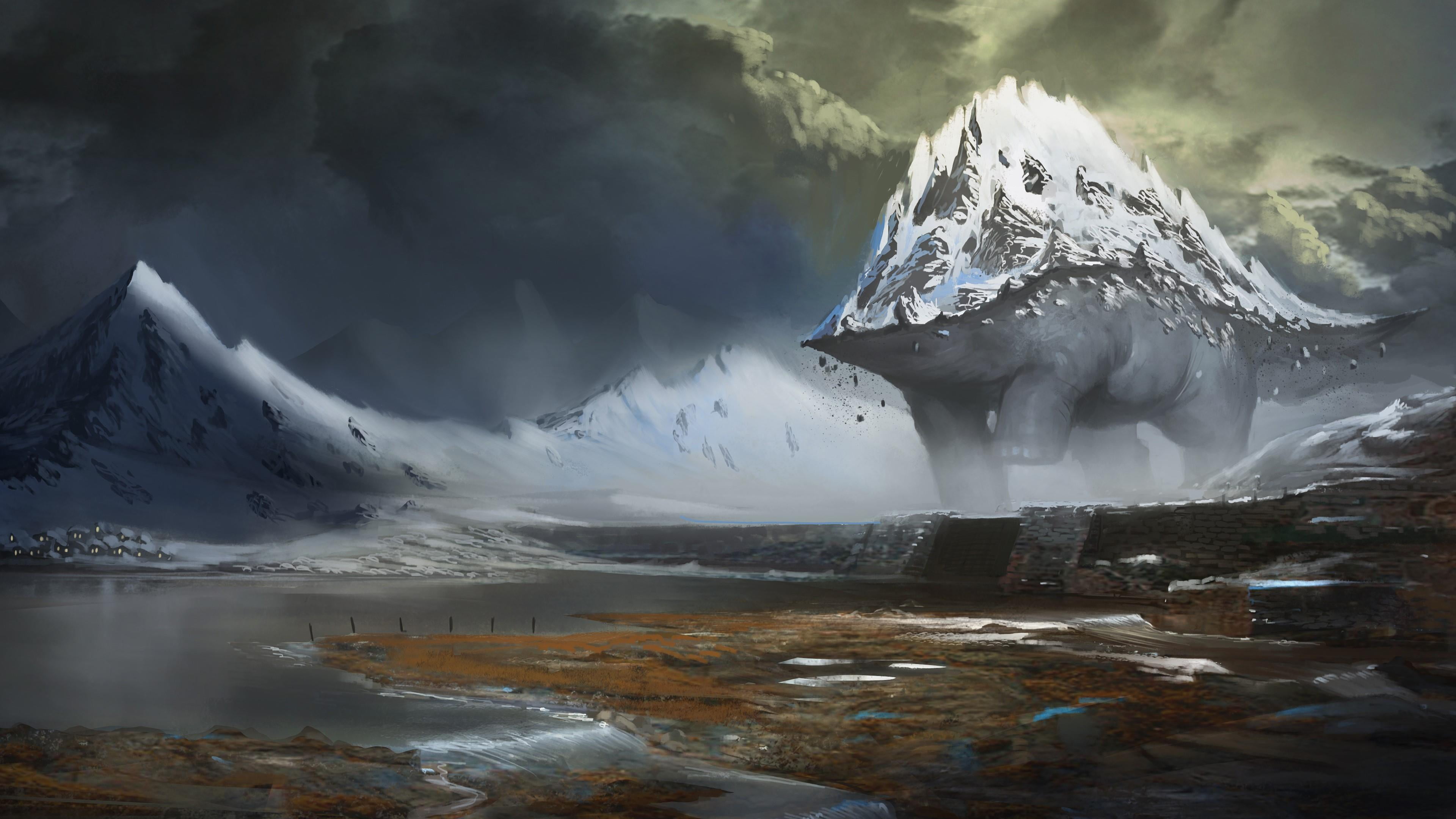 cloud - sky, frozen, tranquility, power in nature, fantasy art, beast, no people, lagoon, water, mountain, non-urban scene, nature, environment, cold temperature, HD Wallpaper