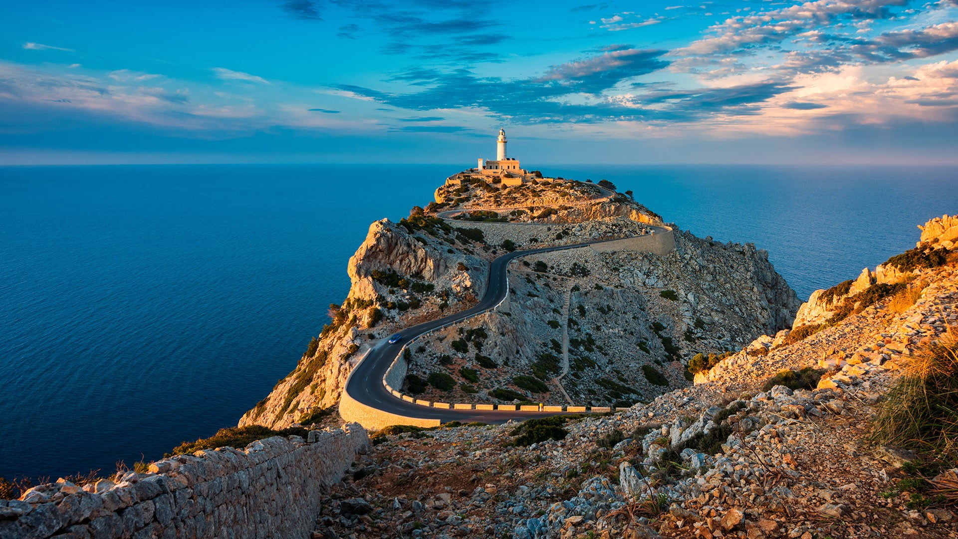 plants, car, lighthouse, water, Spain, Mallorca, Lighthouse of Cap de Formentor, sky, clouds, road, horizon, 1080P, landscape, rocks, nature, sea, HD Wallpaper