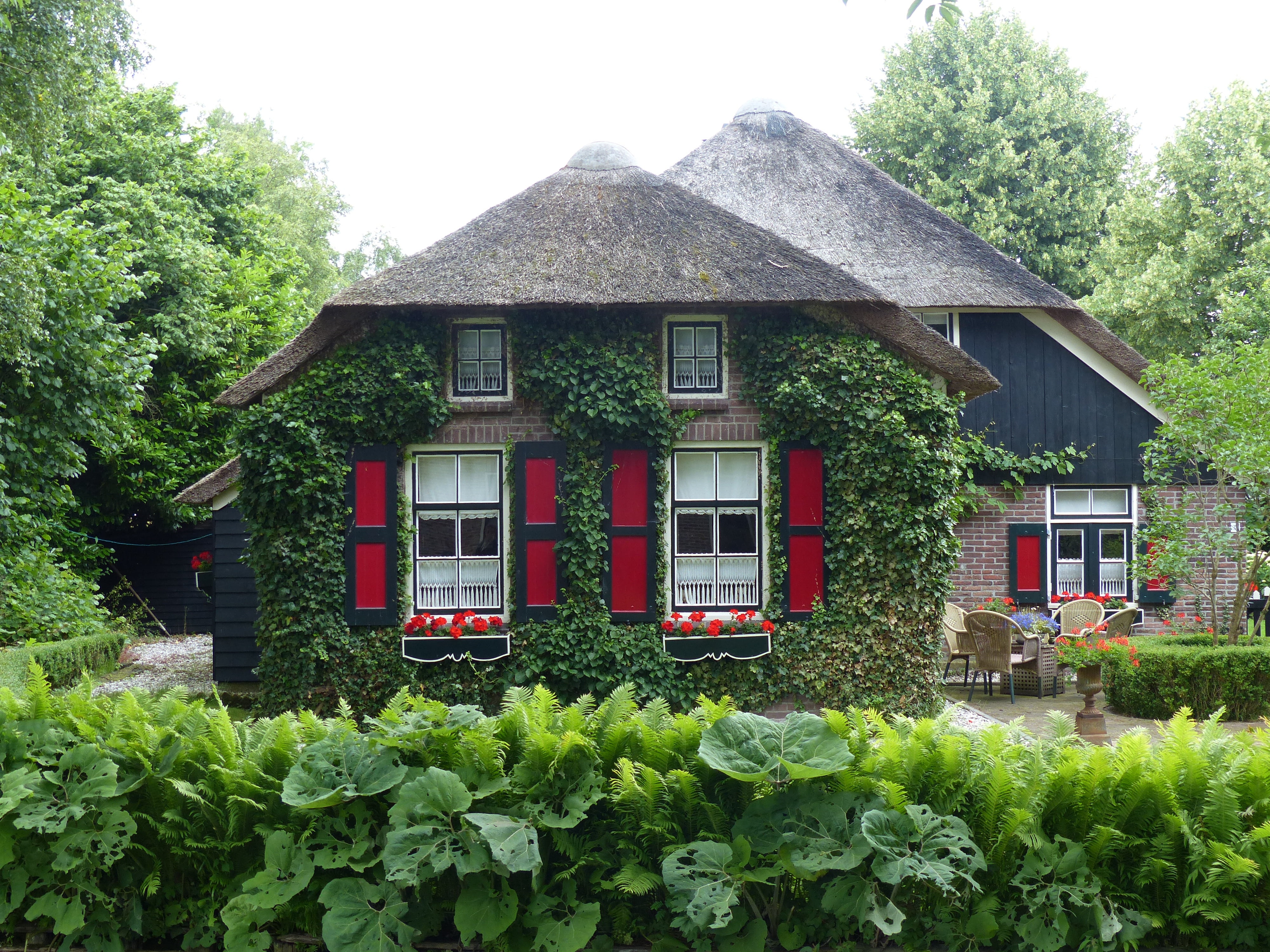 giethoorn, architecture, nature, flowering plant, idyllic thatched cottage, green color, wood - Material, roof, plant, building exterior, red, sky, no people, HD Wallpaper