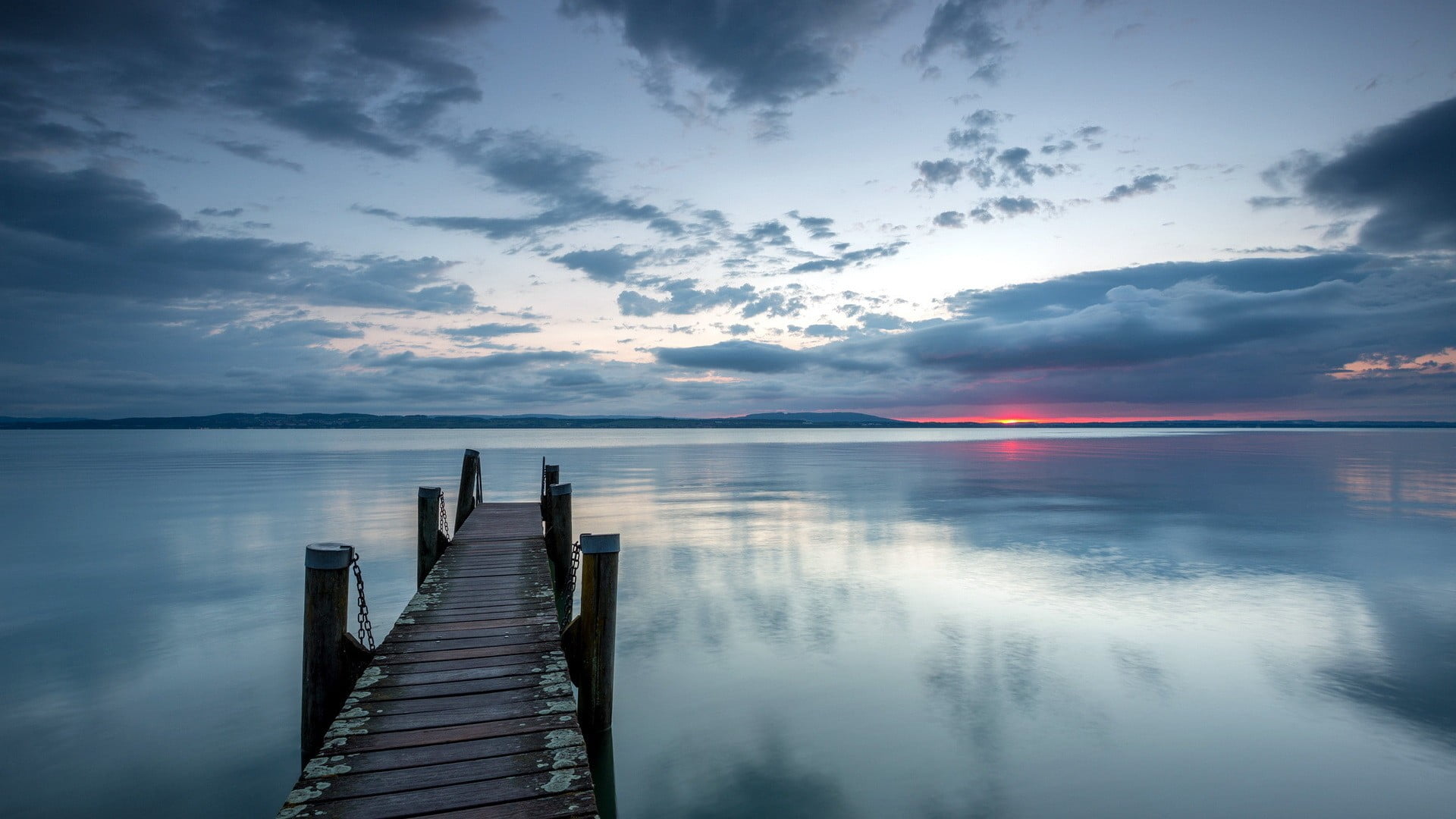 reflection, water, idyllic, horizon, 1080P, pier, beauty in nature, nature, no people, sky, tranquility, sunset, the way forward, sea, brown, tranquil scene, HD Wallpaper